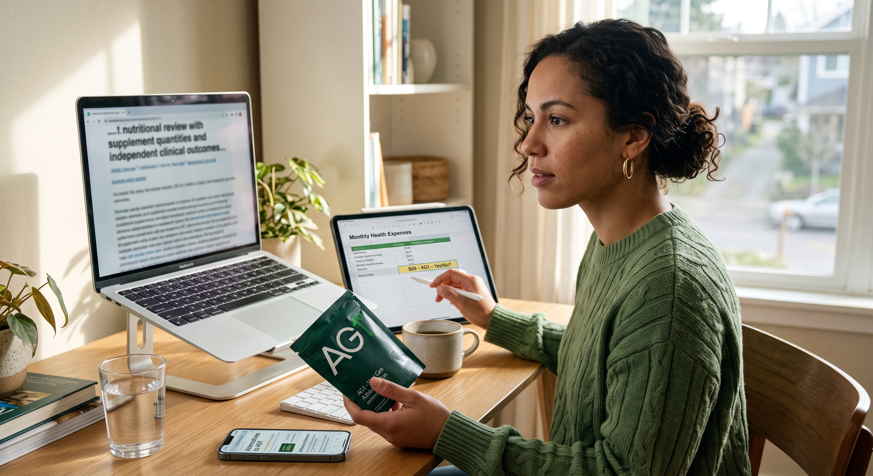 Woman at a desk looks at nutritional info on a laptop while holding an AG1 packet, considering the cost.