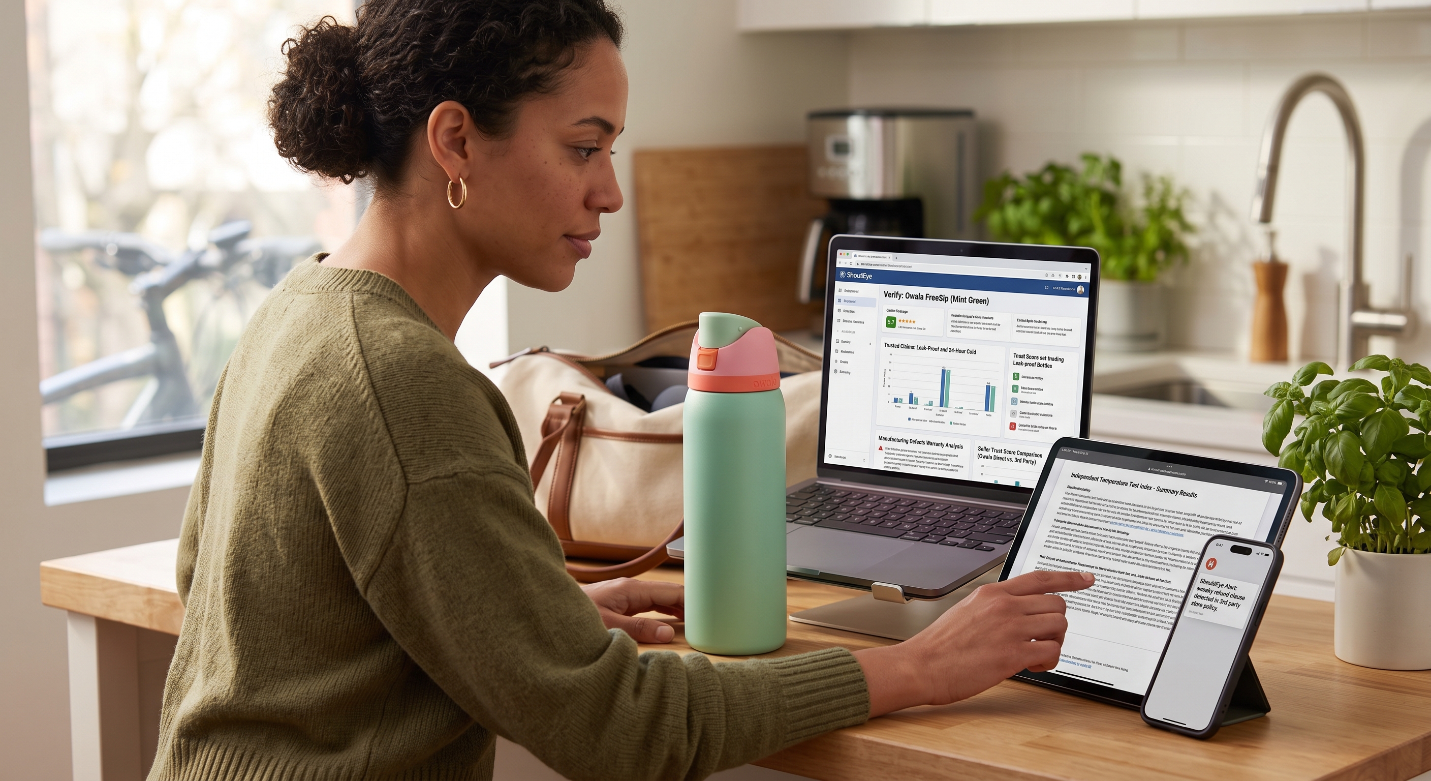 Woman in a kitchen analyzing Owala product metrics on a laptop and tablet, with the bottle and other gear on the table.