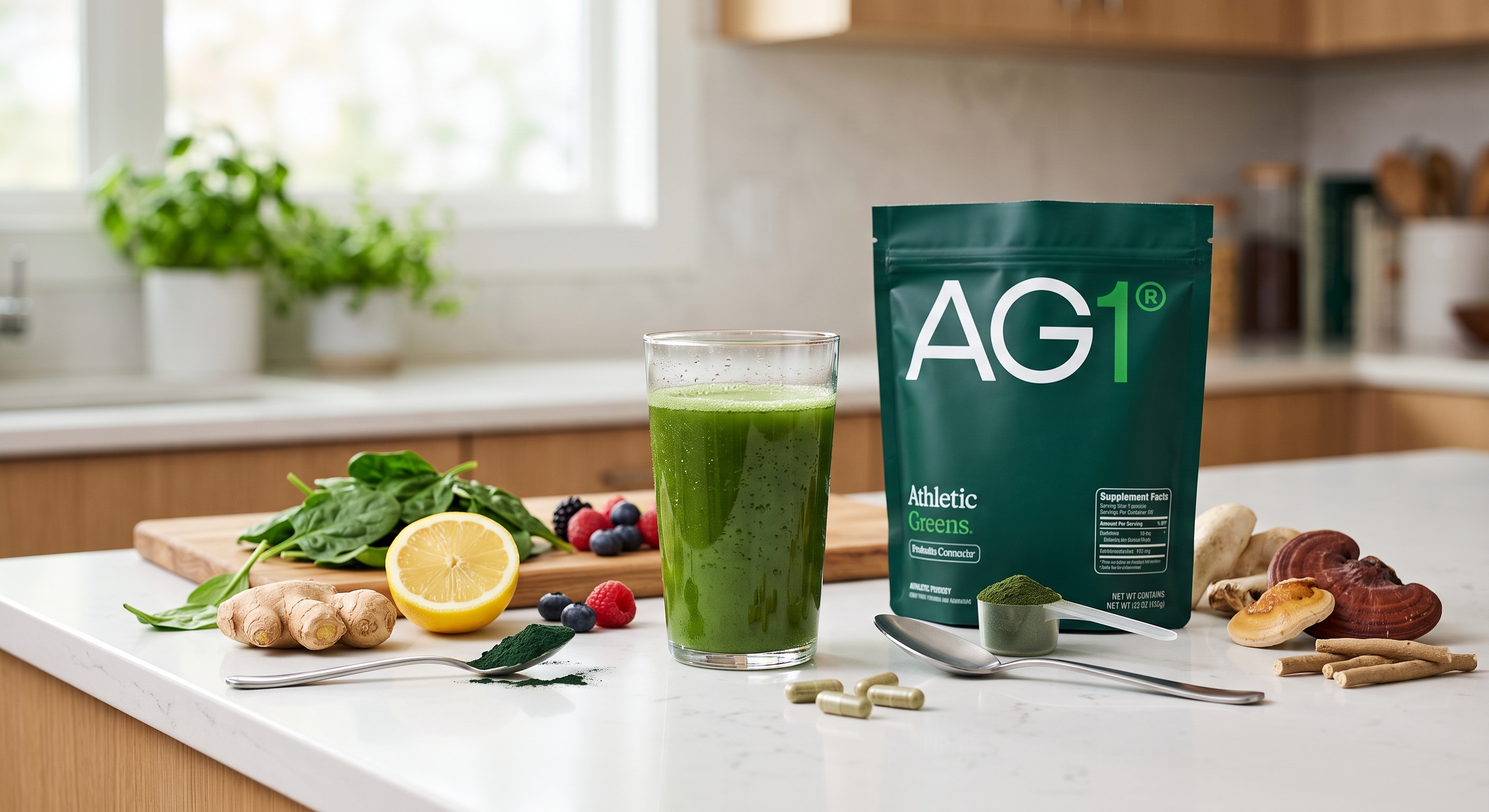 AG1 pouch and green drink on a counter, surrounded by fresh spinach, berries, lemon, ginger root, and adaptogens.