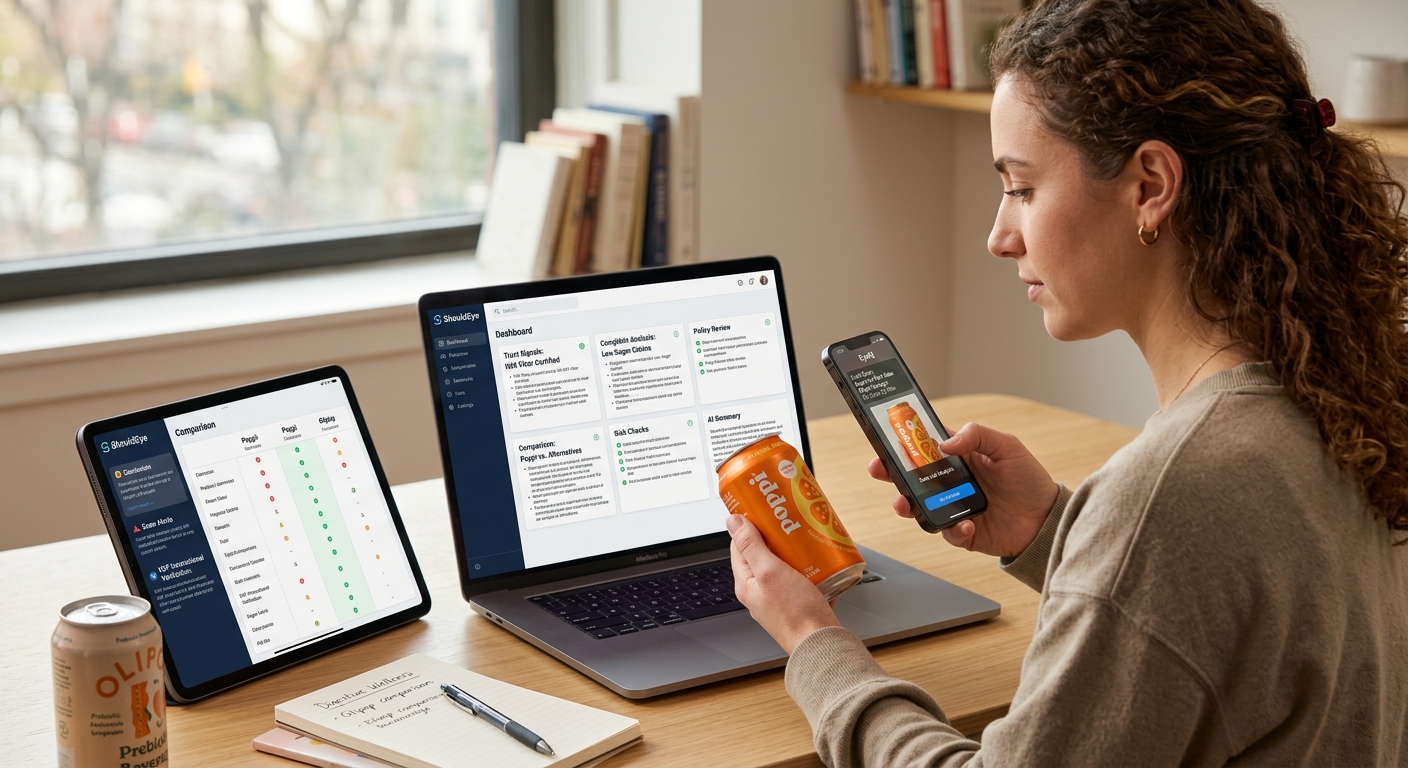 A woman at a desk uses a laptop, tablet, and smartphone to research a can of Poppi, with comparative data and scores displayed.