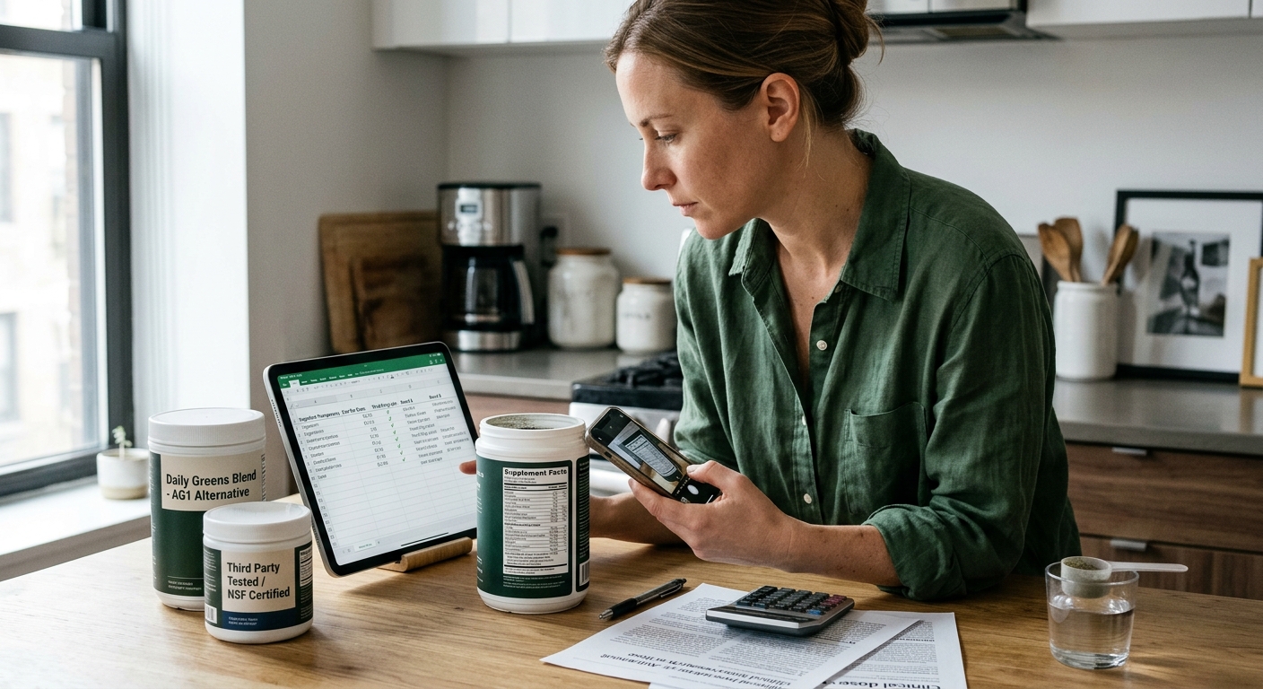 Woman at a kitchen table examining greens powder supplement labels using a smartphone, calculator, and tablet spreadsheet.