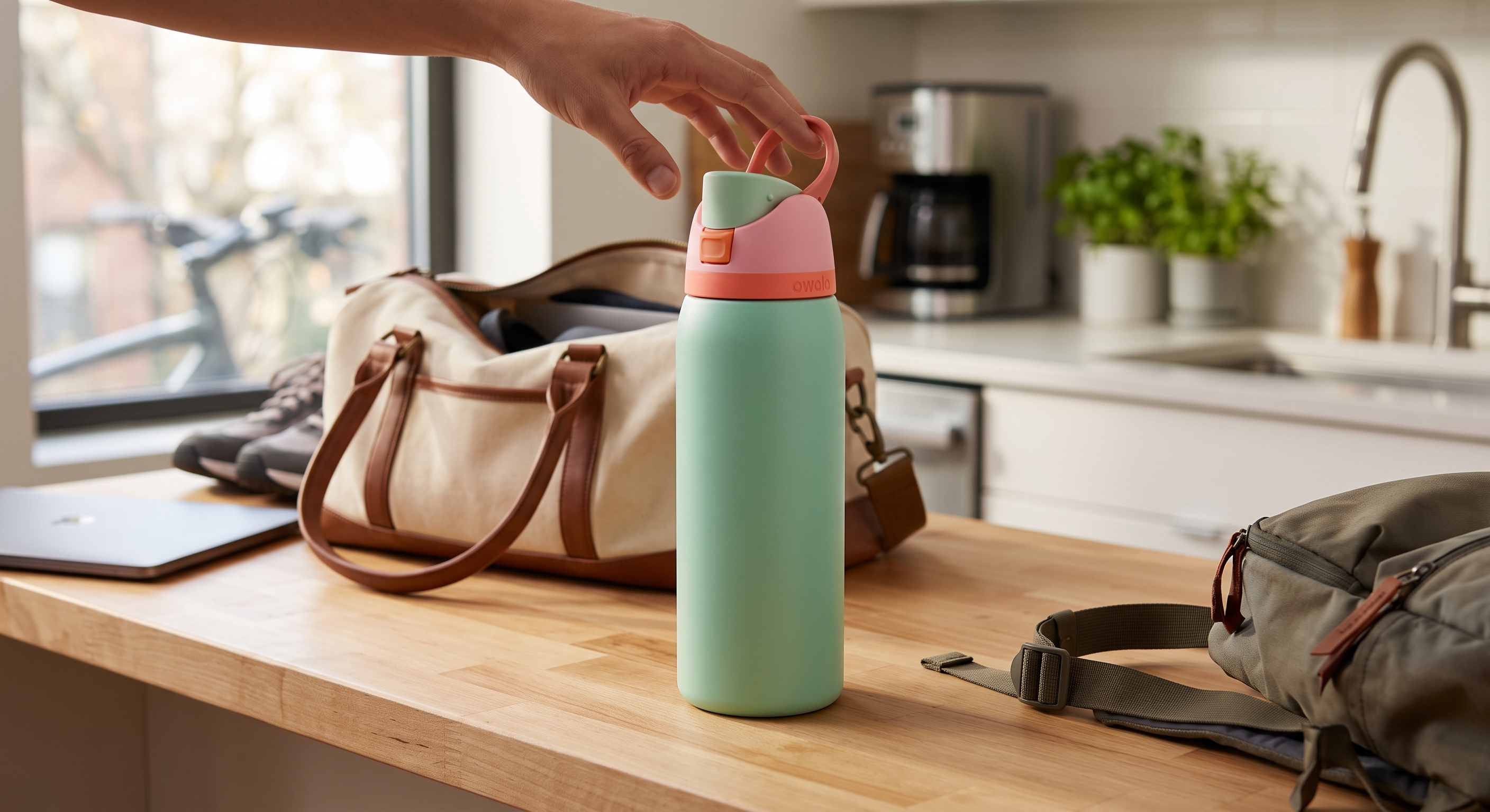 Hand grabs a mint green Owala FreeSip bottle on a table, sitting next to a gym bag and backpack.