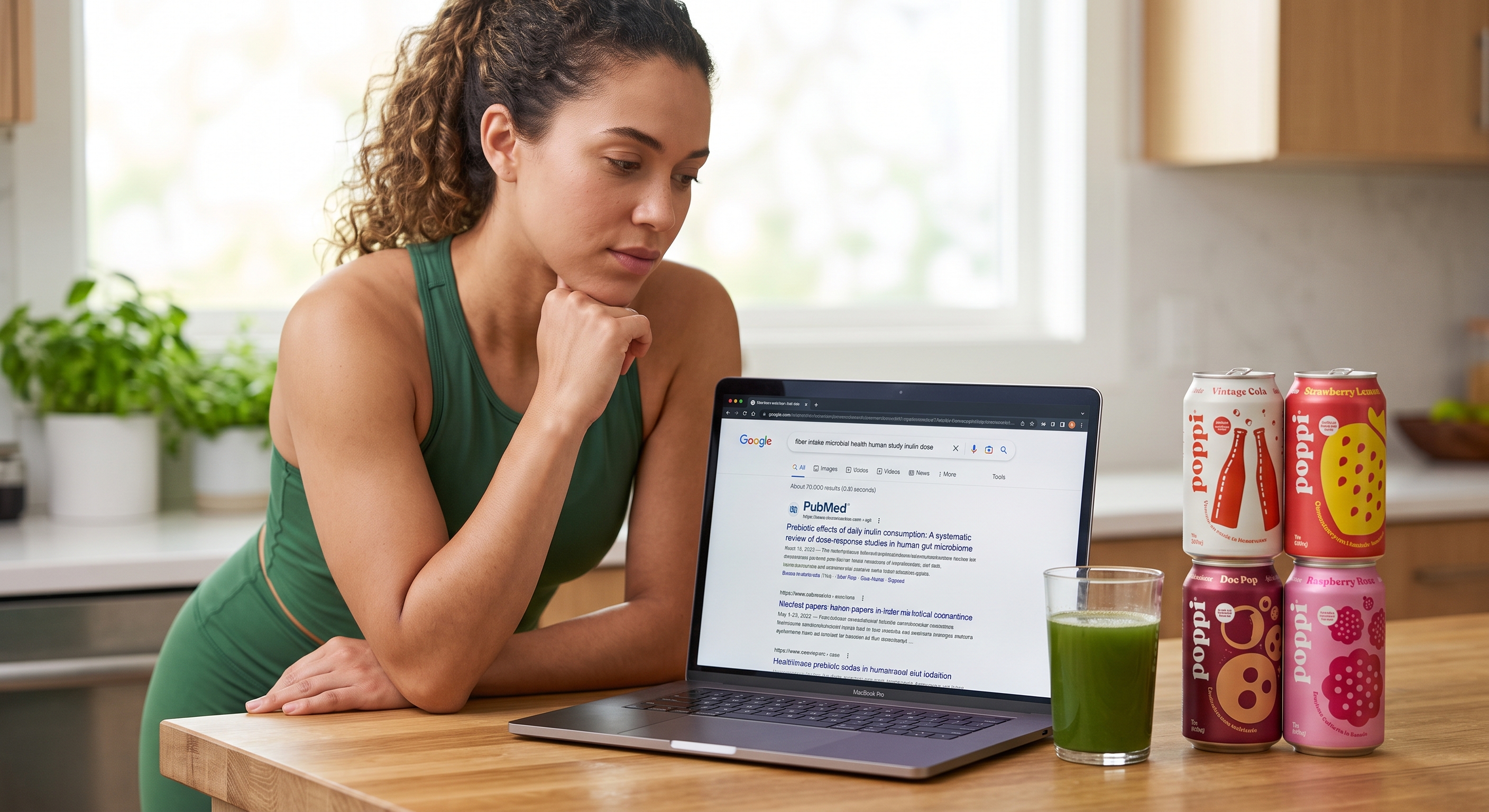 Woman looks at a laptop showing PubMed results, with two stacks of four Poppi cans and a green drink nearby.