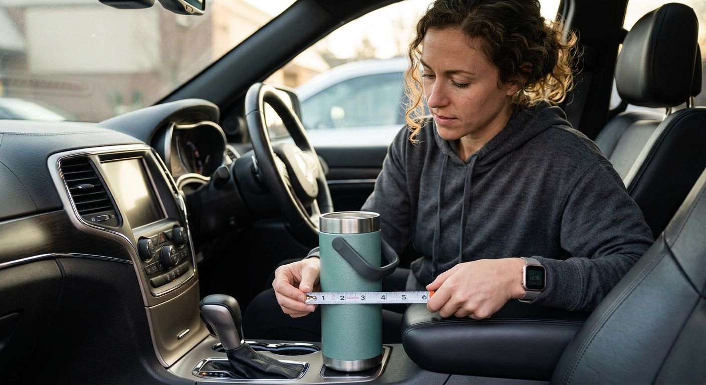 A woman in a car uses a tape measure to check the width of a teal vacuum insulated flask before buying.