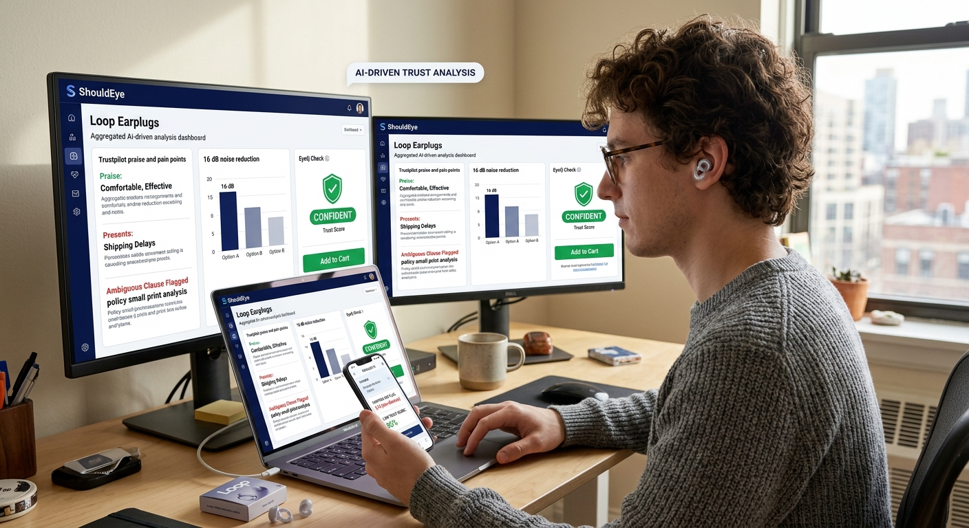 A man wears wireless earbuds and uses multiple screens to review "ShouldEye" AI-driven trust analysis for Loop Earplugs.