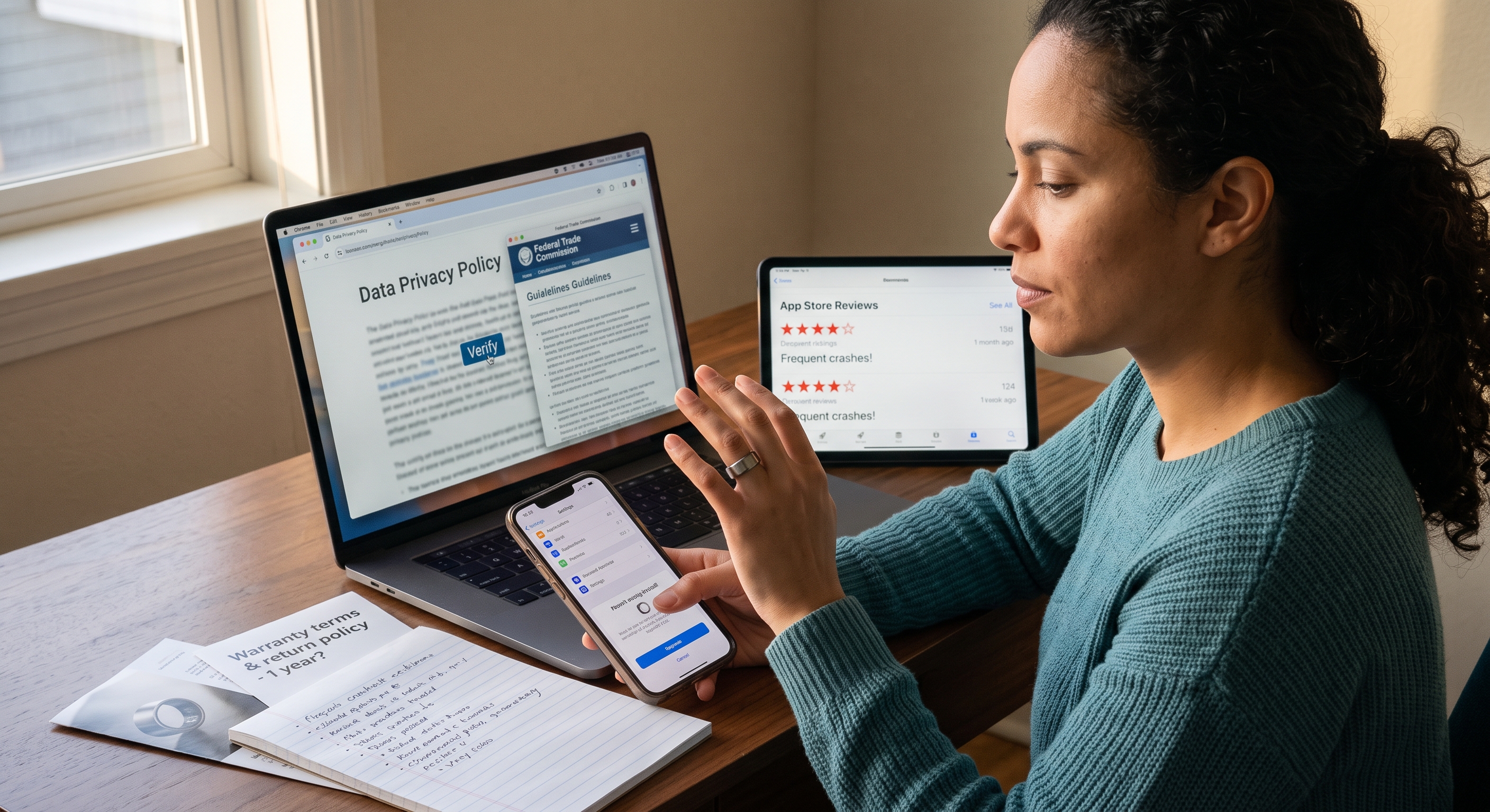 A woman wearing a smart ring checks her phone; a laptop shows a privacy policy and a tablet shows app reviews on a desk.