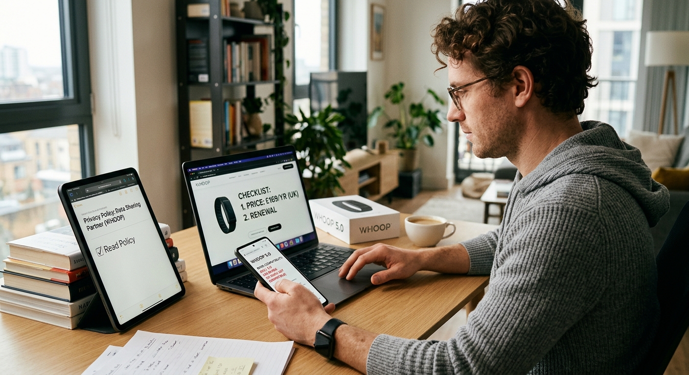 A man uses a laptop, phone, and tablet at his desk to research the WHOOP 5.0, checking price, renewal, and privacy.