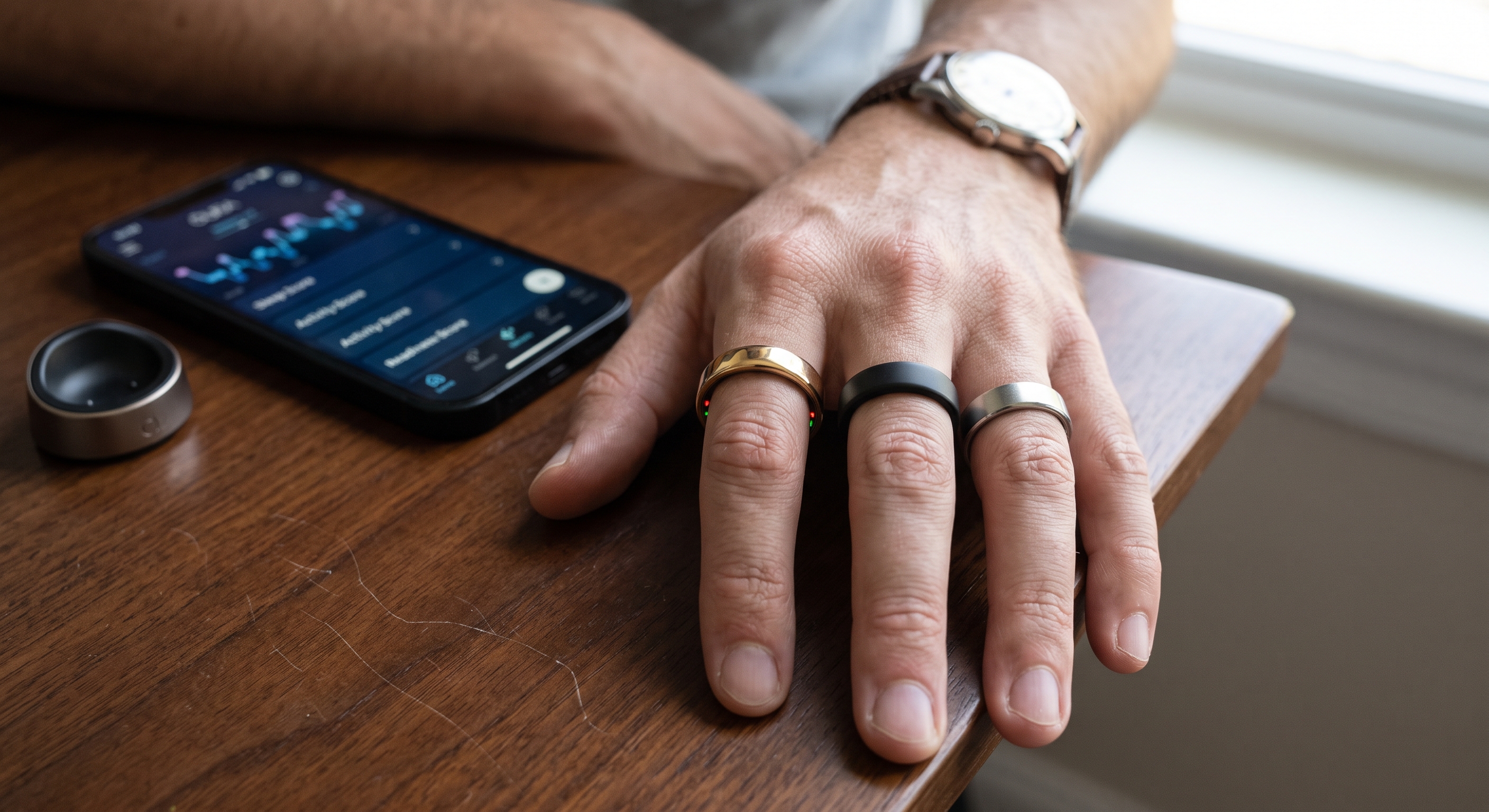 A person wears three Oura Rings on their hand, next to a smartphone displaying the Oura app on a wooden desk.