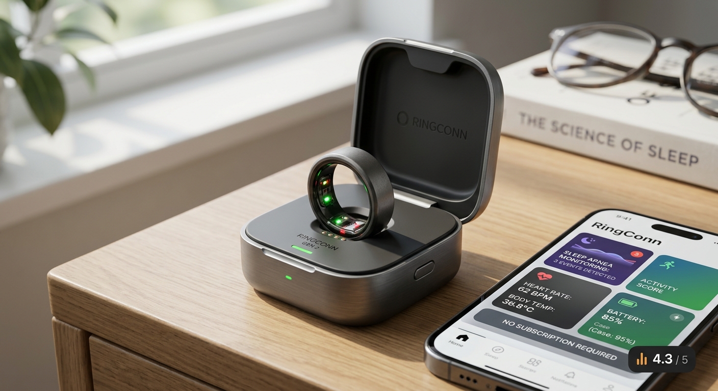 A black smart ring with internal lights sits in its open grey charging case, with a monitoring phone app next to it.