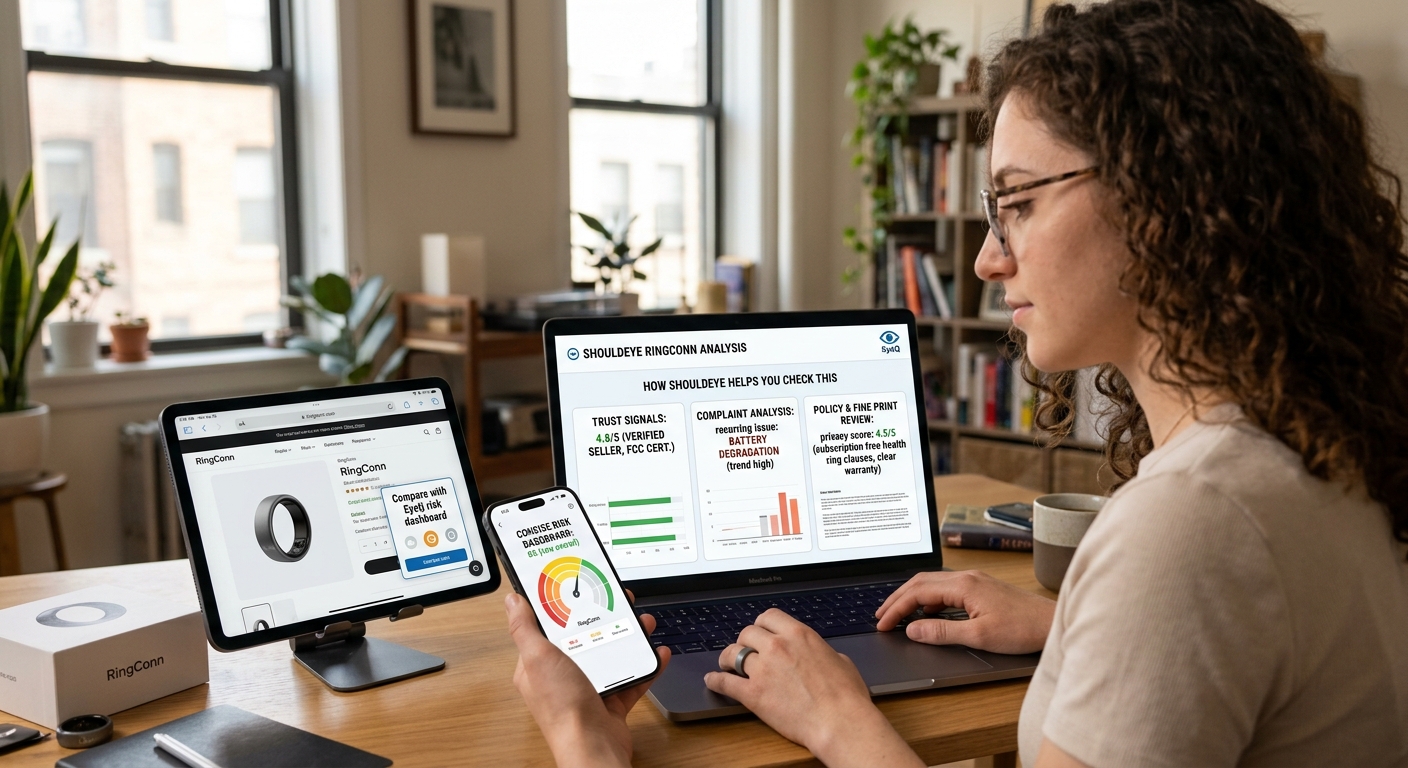 A woman at a desk uses a laptop, tablet, and phone to compare RingConn smart ring data and scores[cite: 11].