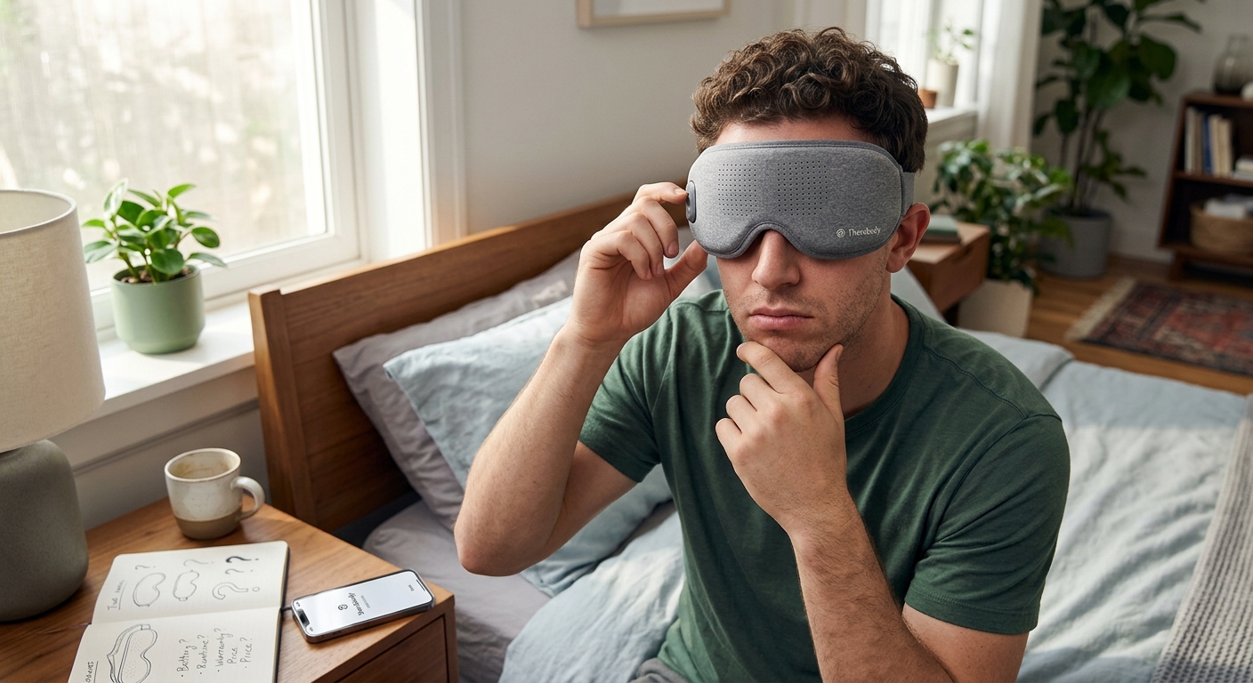A pensive man in a green shirt wears grey Therabody Goggles, considering the mask's features and unknowns while in bed.