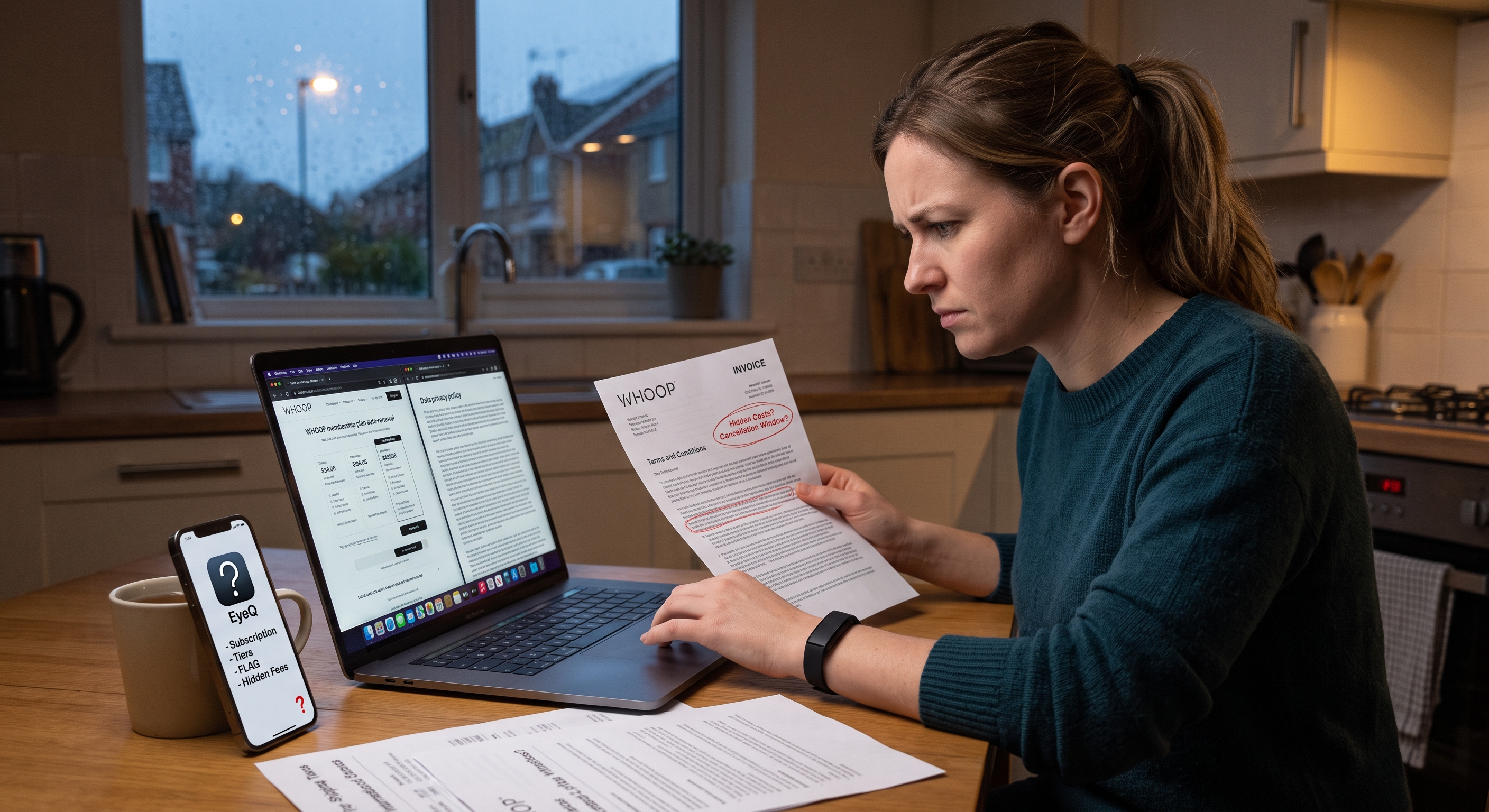 A woman at a desk scrutinizes WHOOP terms on a laptop and paper, showing confusion about auto-renewal and costs.