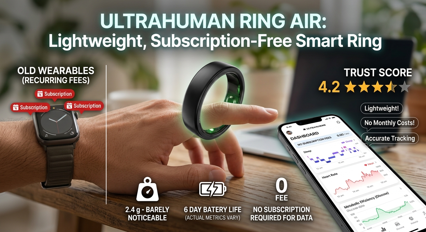 A hand wearing a black Ultrahuman Ring AIR on a wooden table beside a smartphone displaying health tracking data.