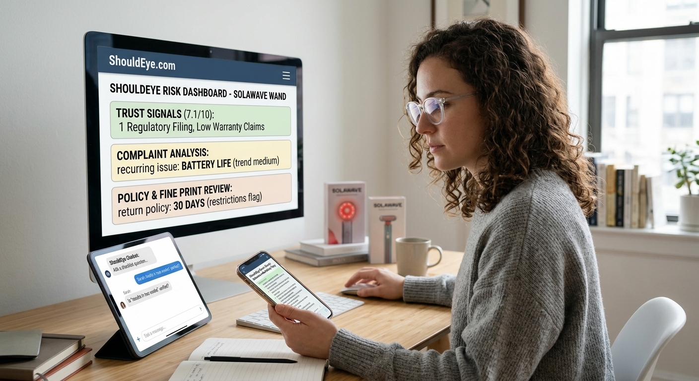 A woman with glasses looks at a desktop, tablet, and phone to compare Solawave data on the ShouldEye risk dashboard.