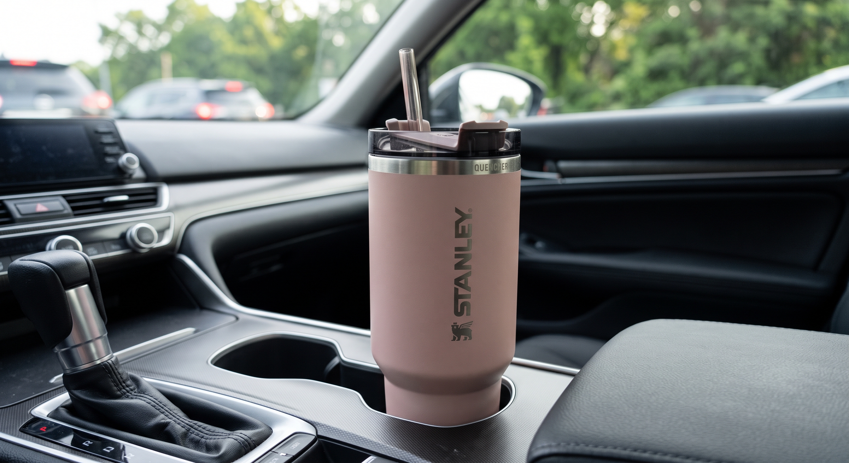 A matte rose Stanley Quencher tumbler with a straw sits securely in a car console cup holder during a daily commute.