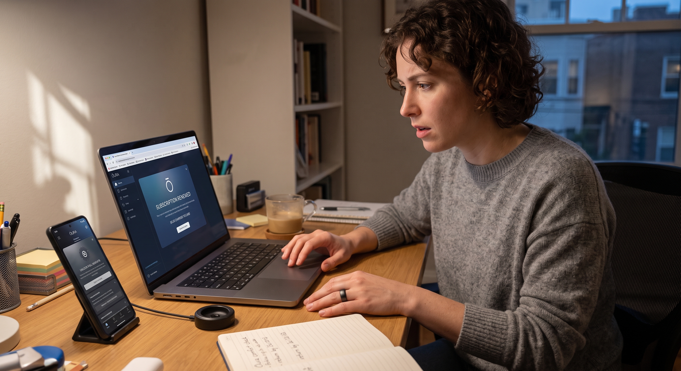 A woman with a confused expression sits at a desk, looking at a laptop showing a "Subscription Renewed" page, with a phone and smart ring visible.