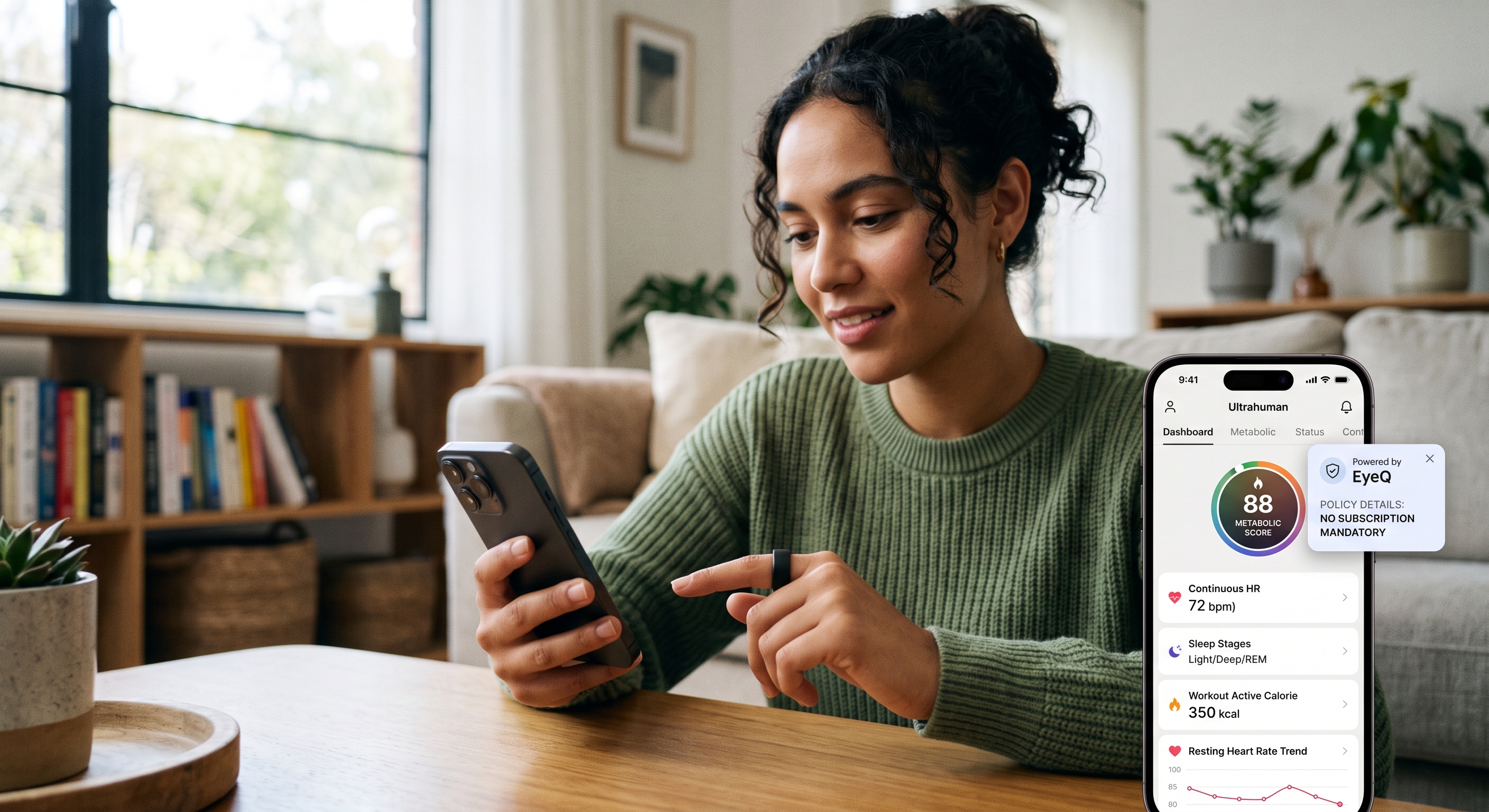 A woman sits at a table using a smartphone. In the foreground, an inset screen shows the detailed Ultrahuman app dashboard.
