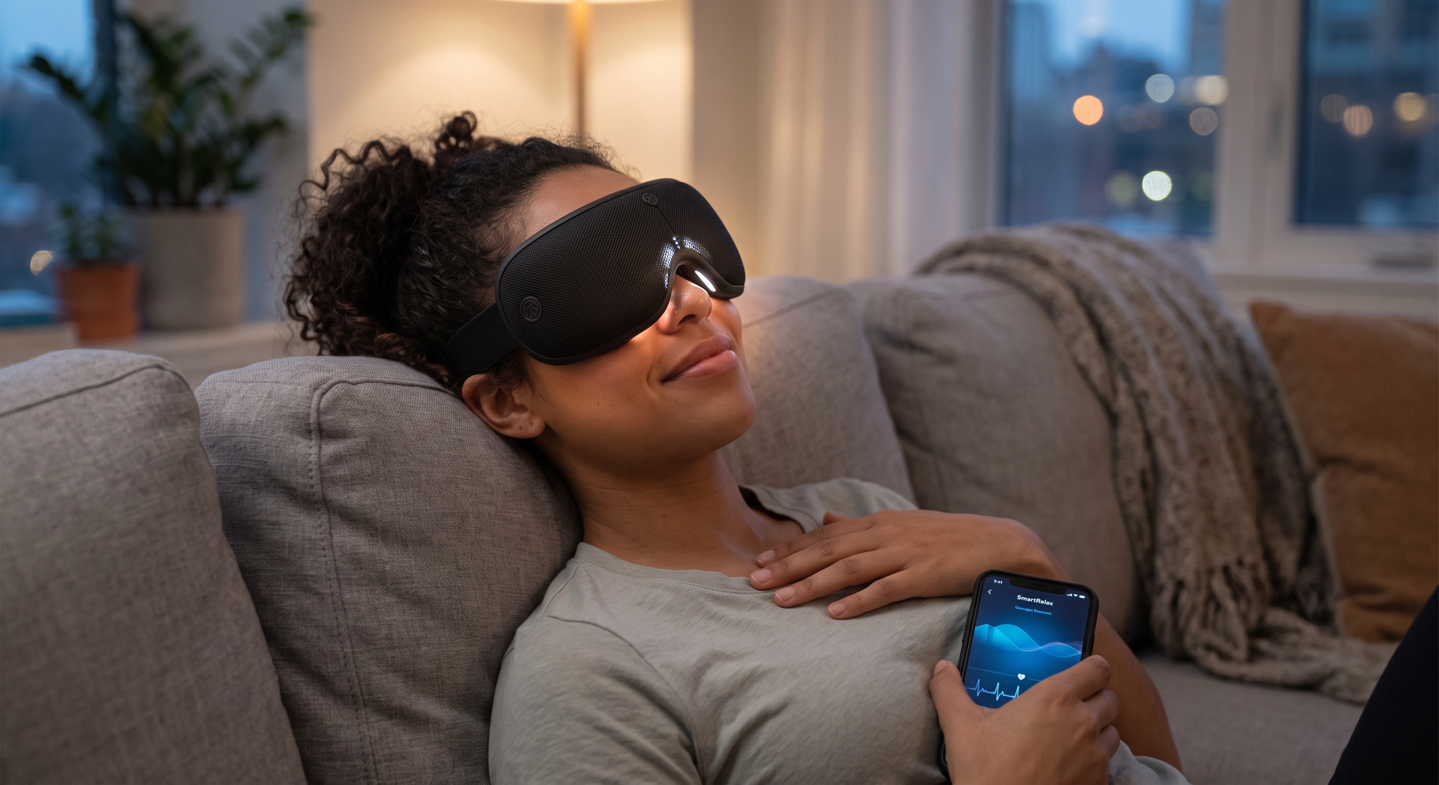 A smiling woman reclines on a sofa, wearing glowing smart goggles and holding a phone showing heart rate data.