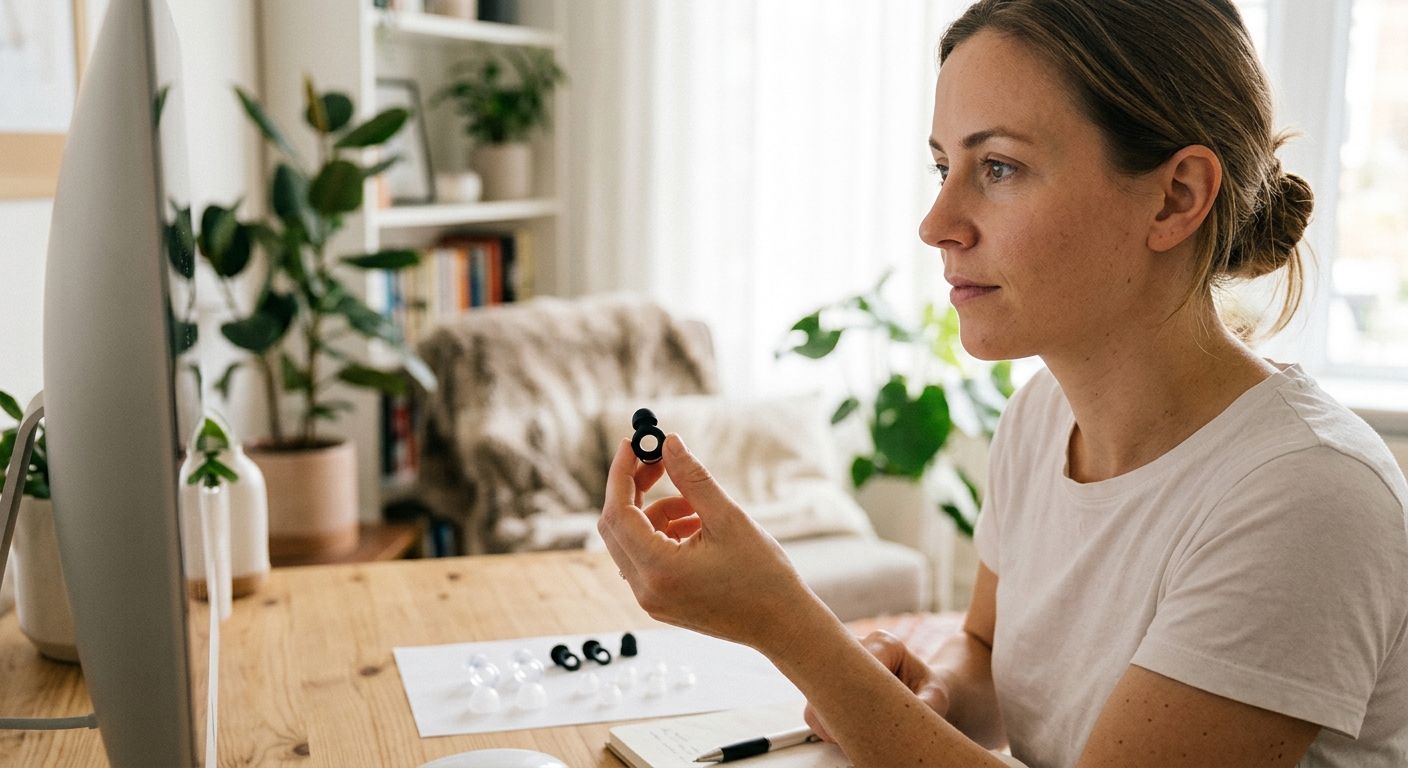 A young woman points to a list of earplug factors: Noise Reduction Rating, Fit and Comfort, and materials.