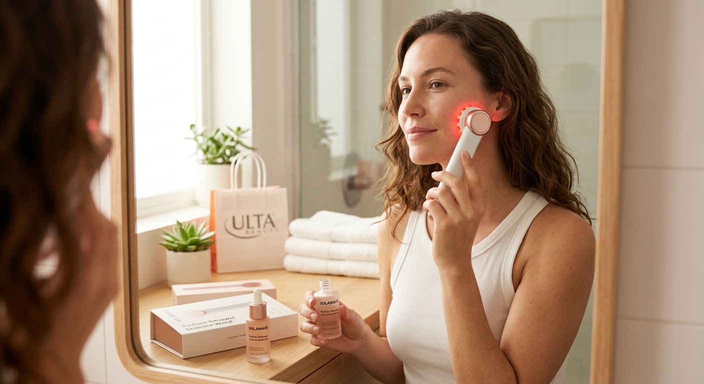 A woman looks into a mirror while applying a red light skincare wand and serum, with an Ulta bag on the counter.
