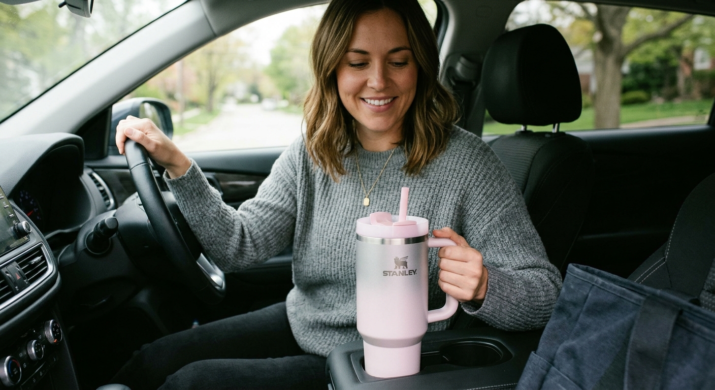 A smiling woman in a grey sweater sits in a car, placing a pink insulated tumbler into the vehicle cup holder.