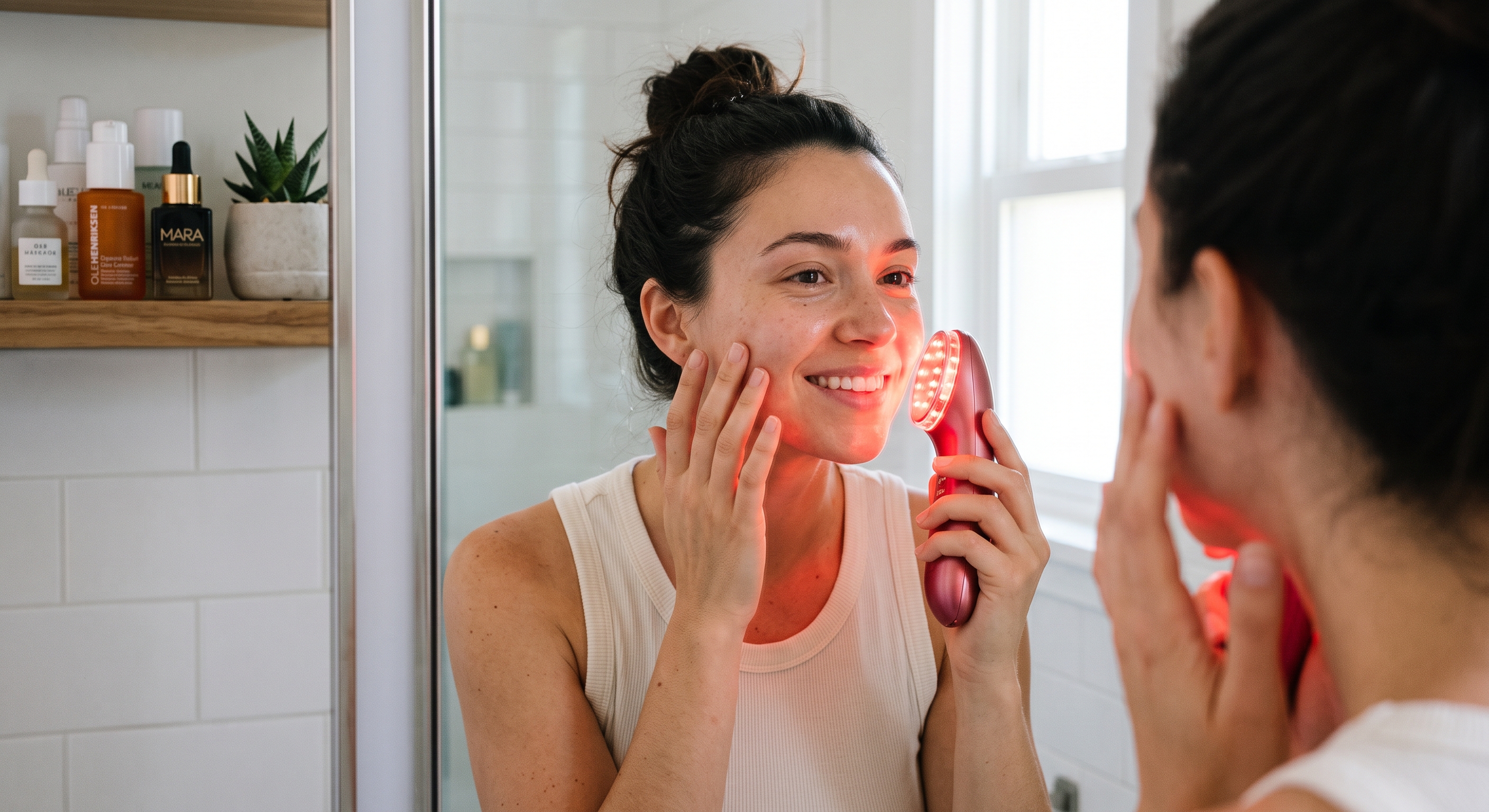 A woman smiling in a bathroom mirror while applying a handheld red light therapy device to her cheek.
