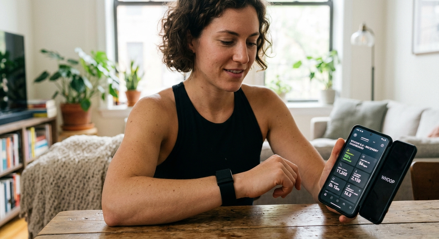 A woman wearing a screenless WHOOP 5.0 strap reviews recovery metrics and health data displayed on her smartphone.
