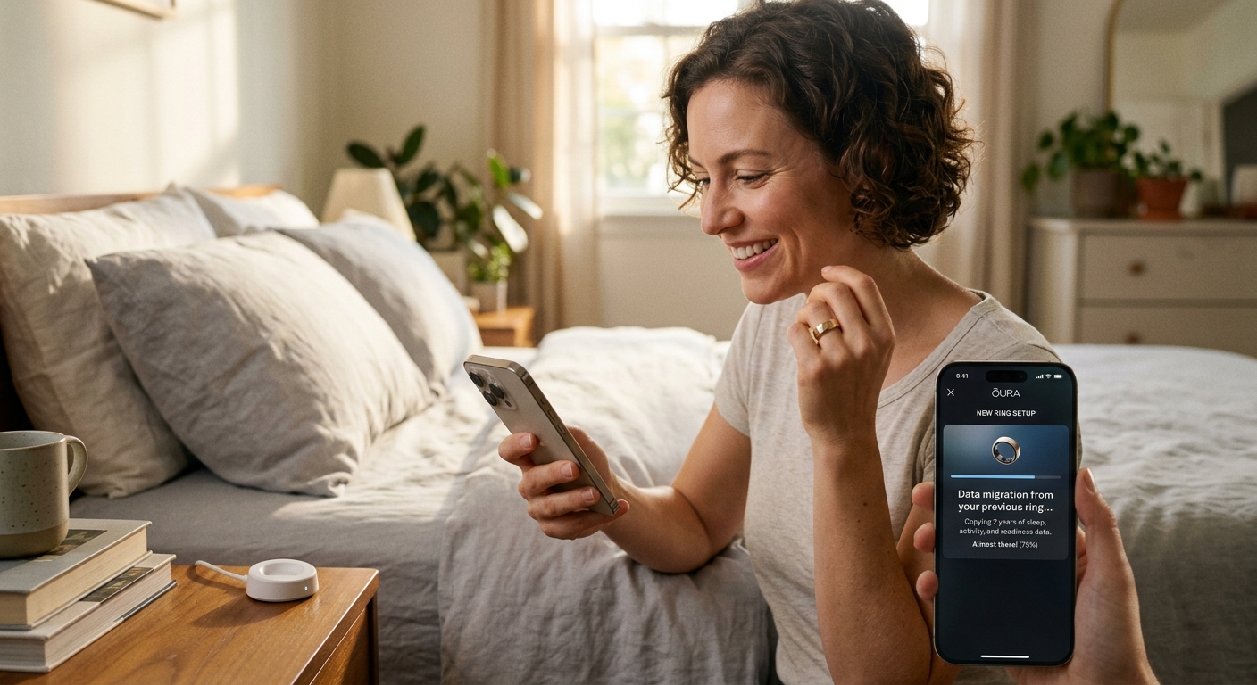 A smiling woman uses her phone for Oura ring setup and data migration; a charging dock is nearby on her nightstand.