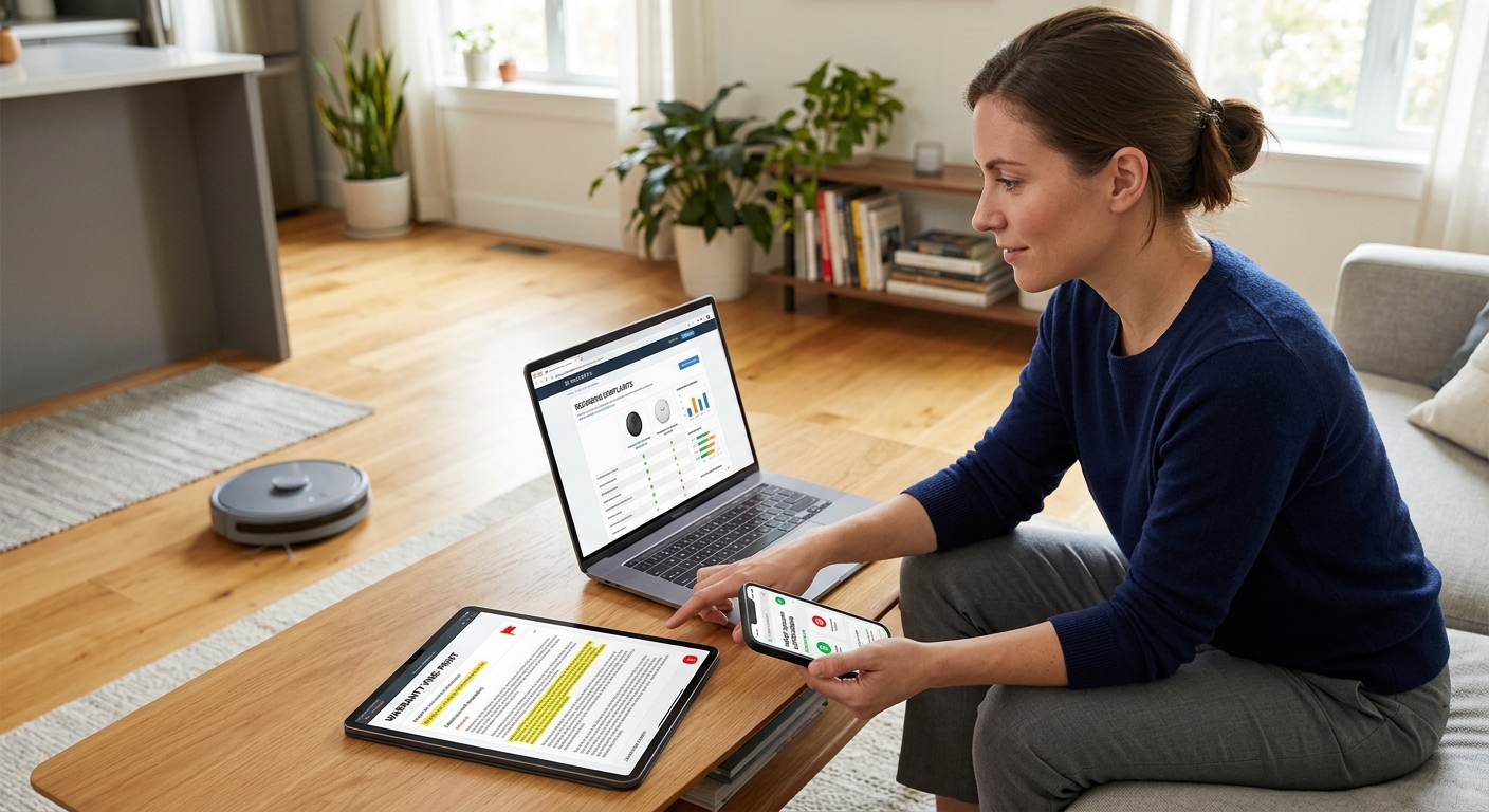 A woman analyzes product reviews and warranty details on multiple devices in a living room, with a robot vacuum in the background.