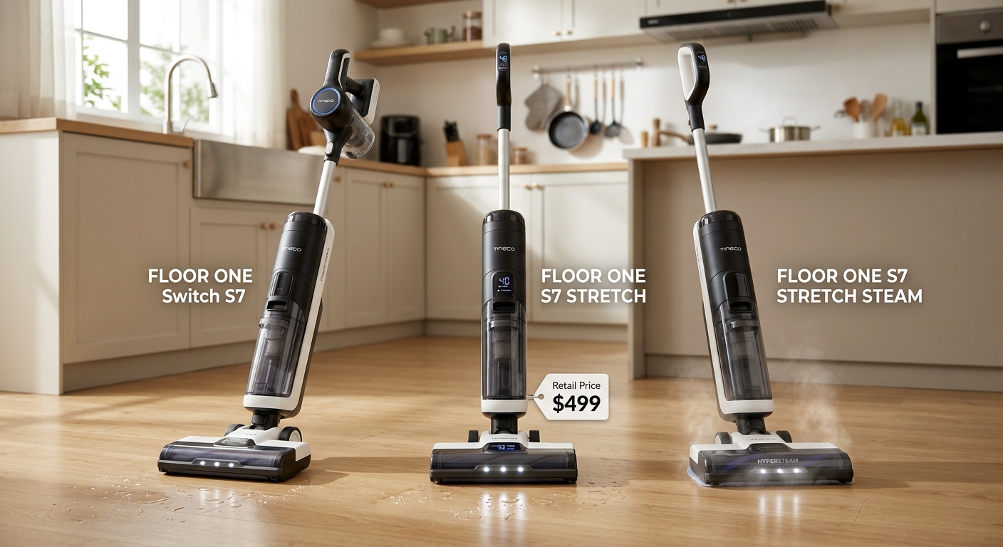Three models of the Tineco Floor One S7 are displayed on a kitchen floor.