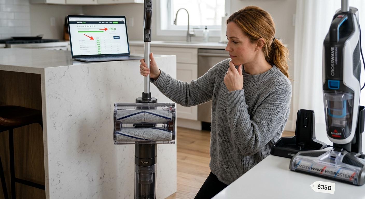 A woman considers a Dyson vacuum, a Bissell CrossWave, and a "Vacuum Trust Score" on a laptop in a kitchen.