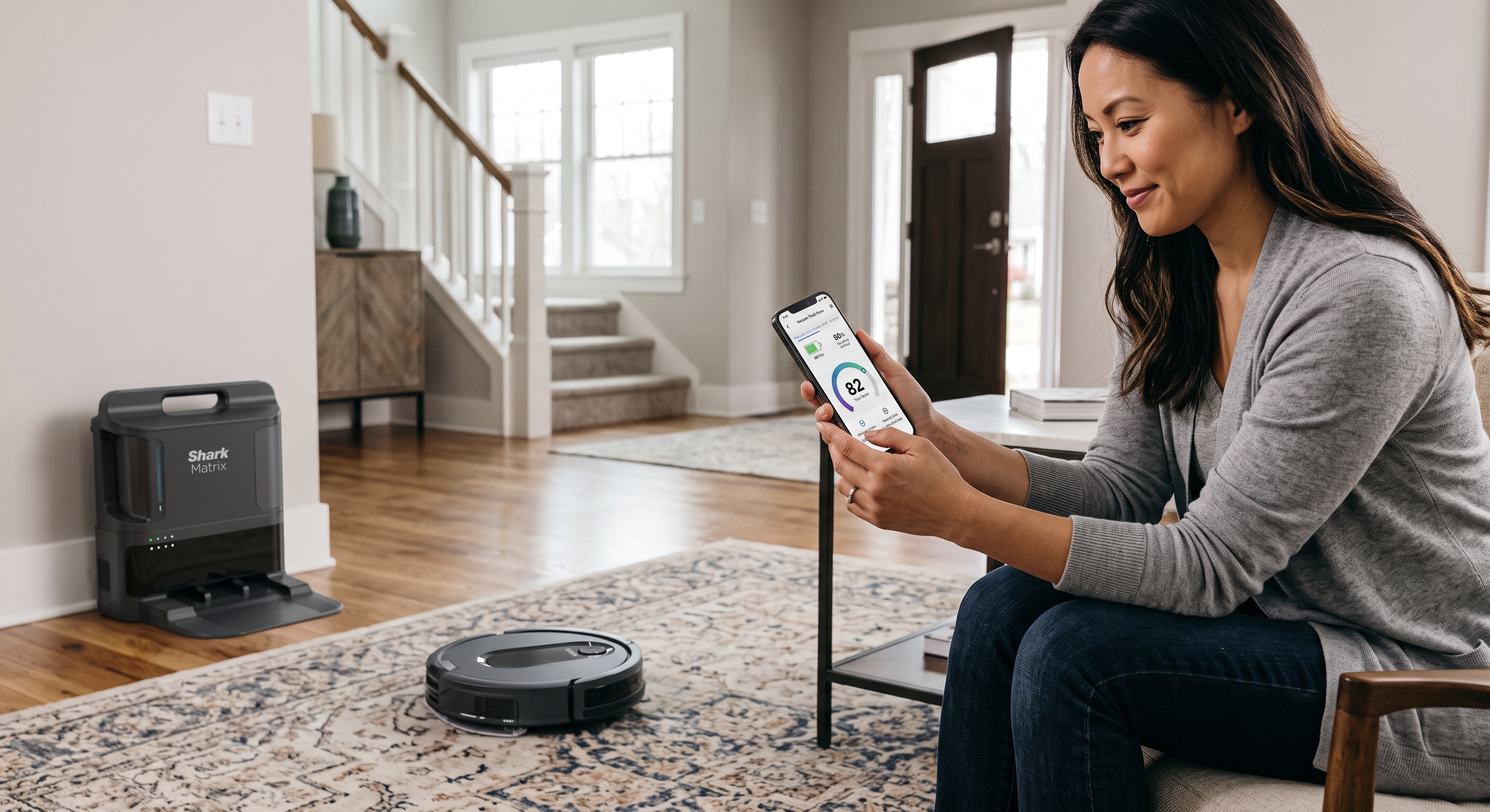 An Asian woman monitors a Shark robot vacuum from an app on her phone while it cleans a living room rug.