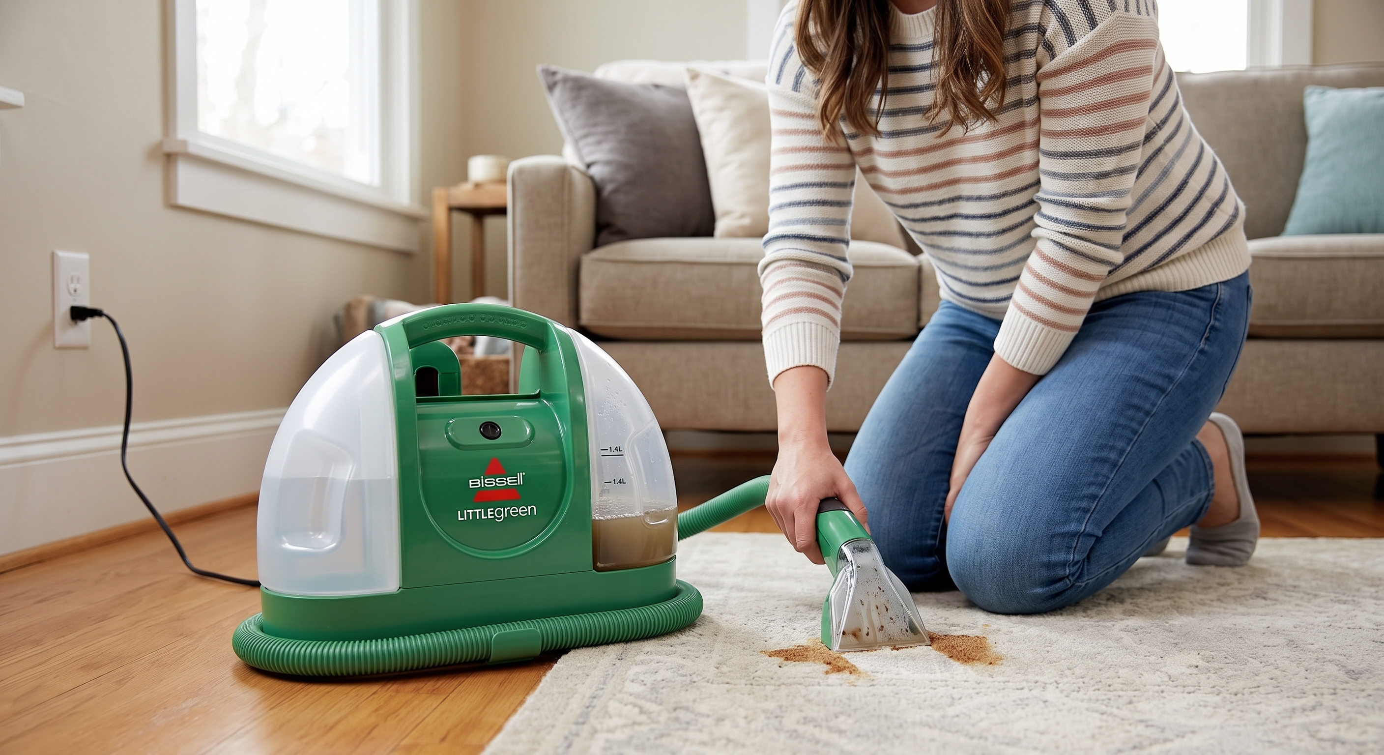 A woman kneels on a rug using a green Bissell Little Green spot cleaner to remove a brown stain from the carpet.
