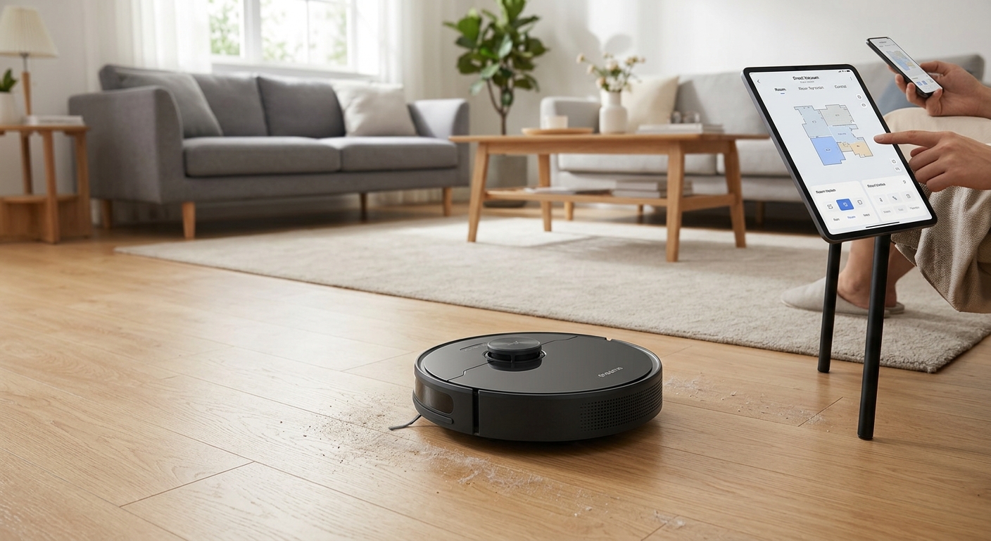 A Dreame robot vacuum cleans a wooden floor, controlled by a person using a tablet and smartphone in a living room.