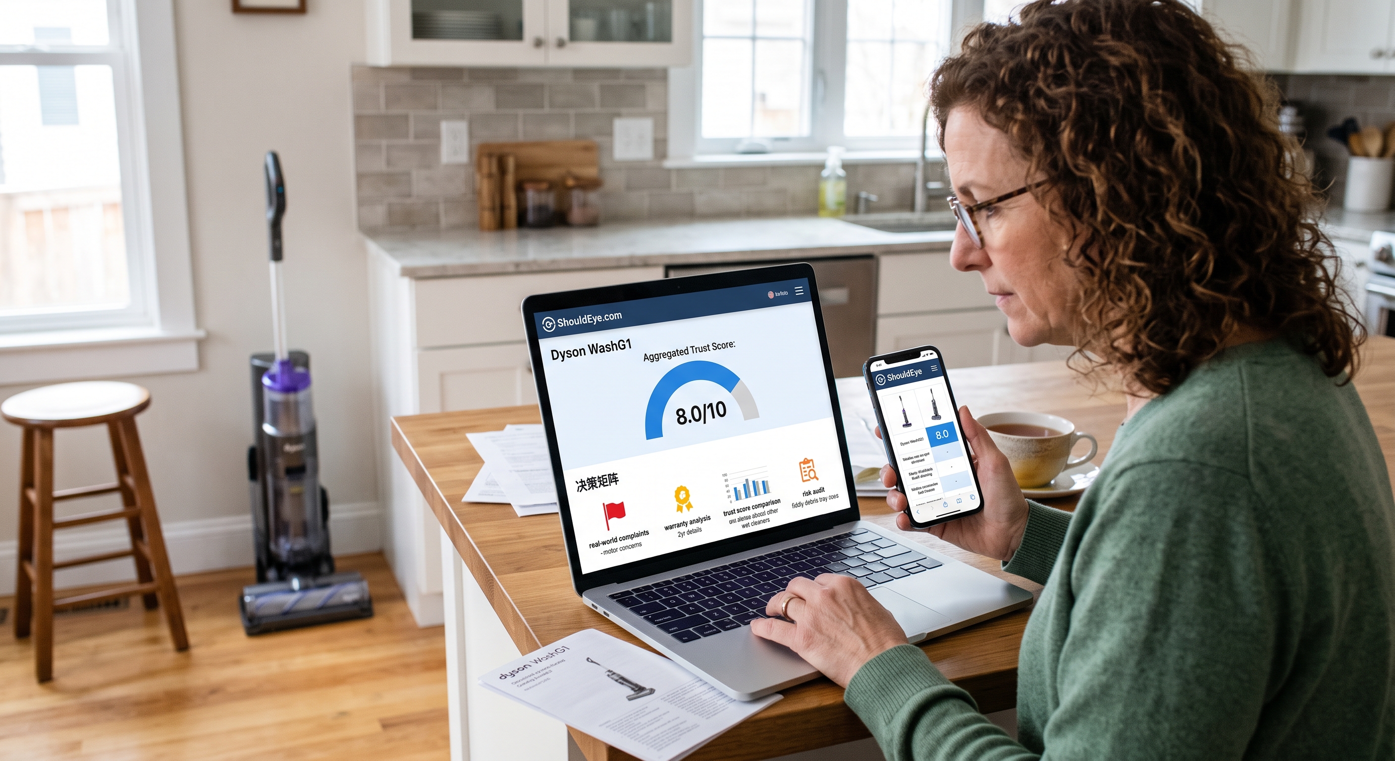 A woman uses a laptop and phone displaying a ShouldEye 8.0/10 trust score for the Dyson WashG1 wet floor cleaner.