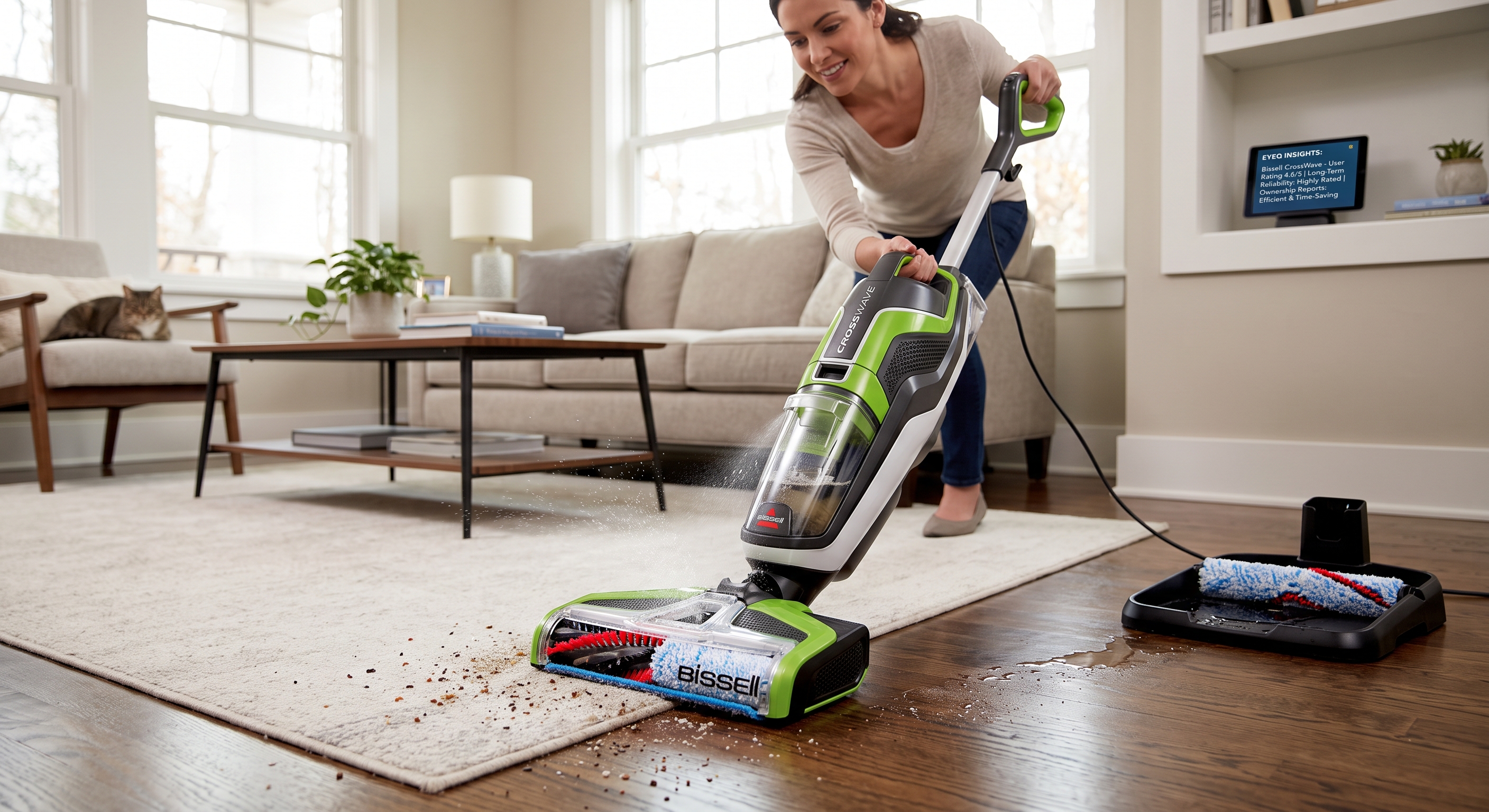 A woman smiles while using a green Bissell CrossWave to clean a messy area rug on a wood floor.