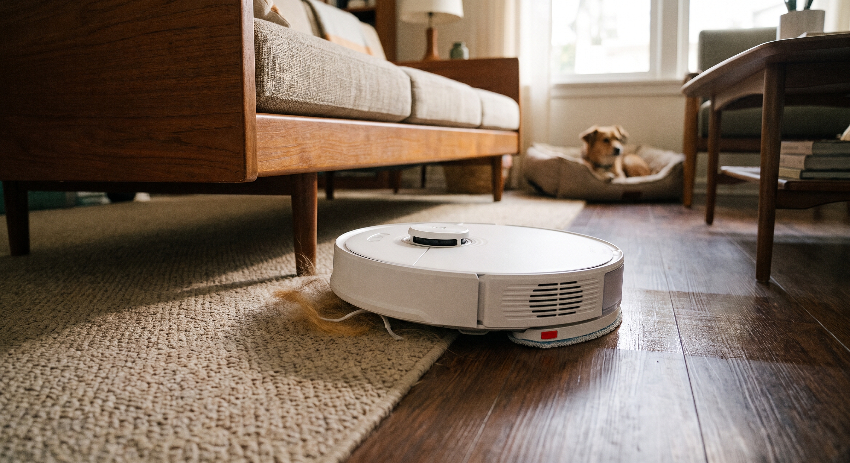 Roborock Qrevo robot vacuum cleans near a rug and couch with a dog resting in the background on hardwood floors.