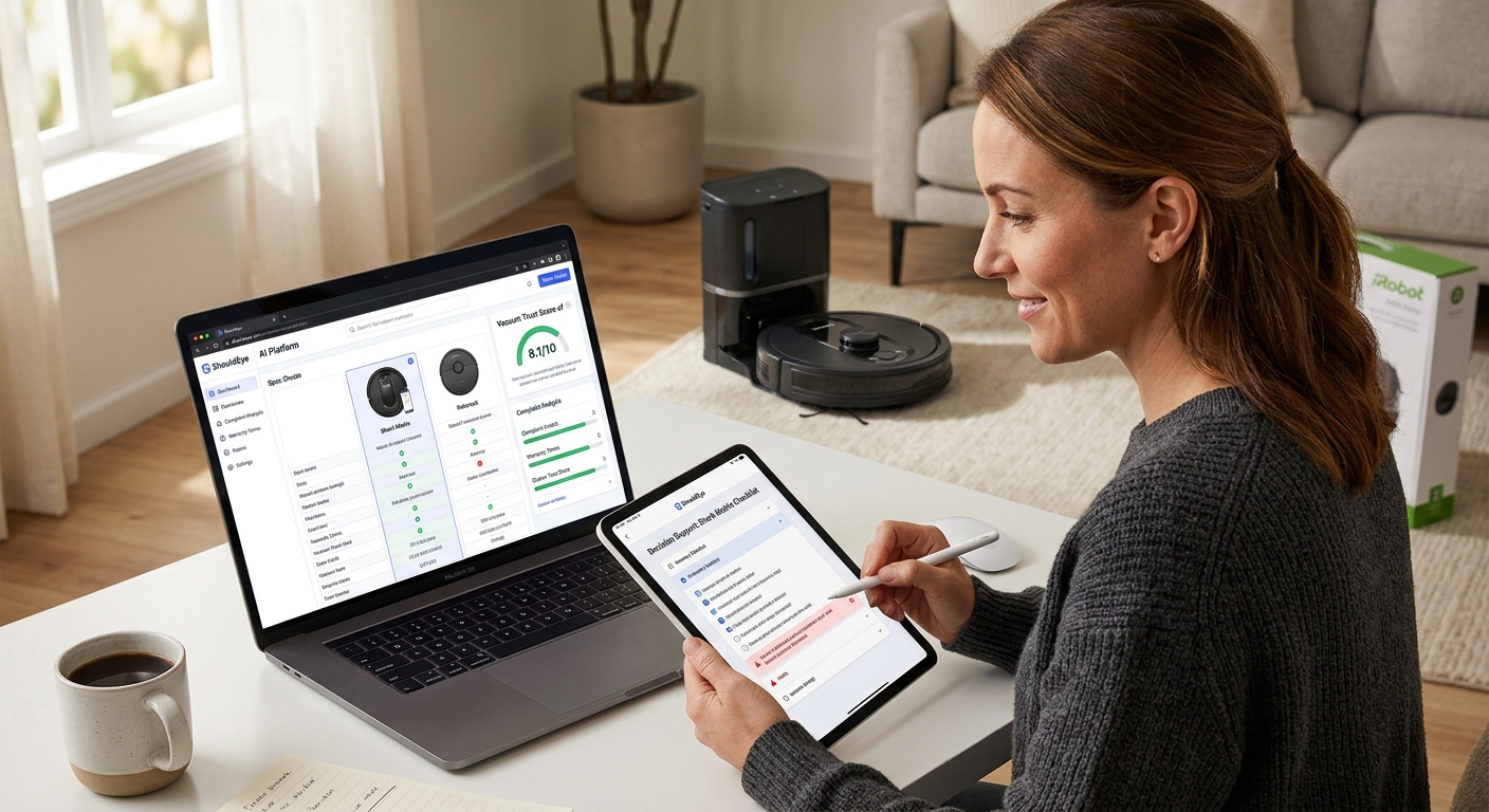 A woman uses a laptop and tablet to view ShouldEye trust scores and compare robot vacuum features and reviews.