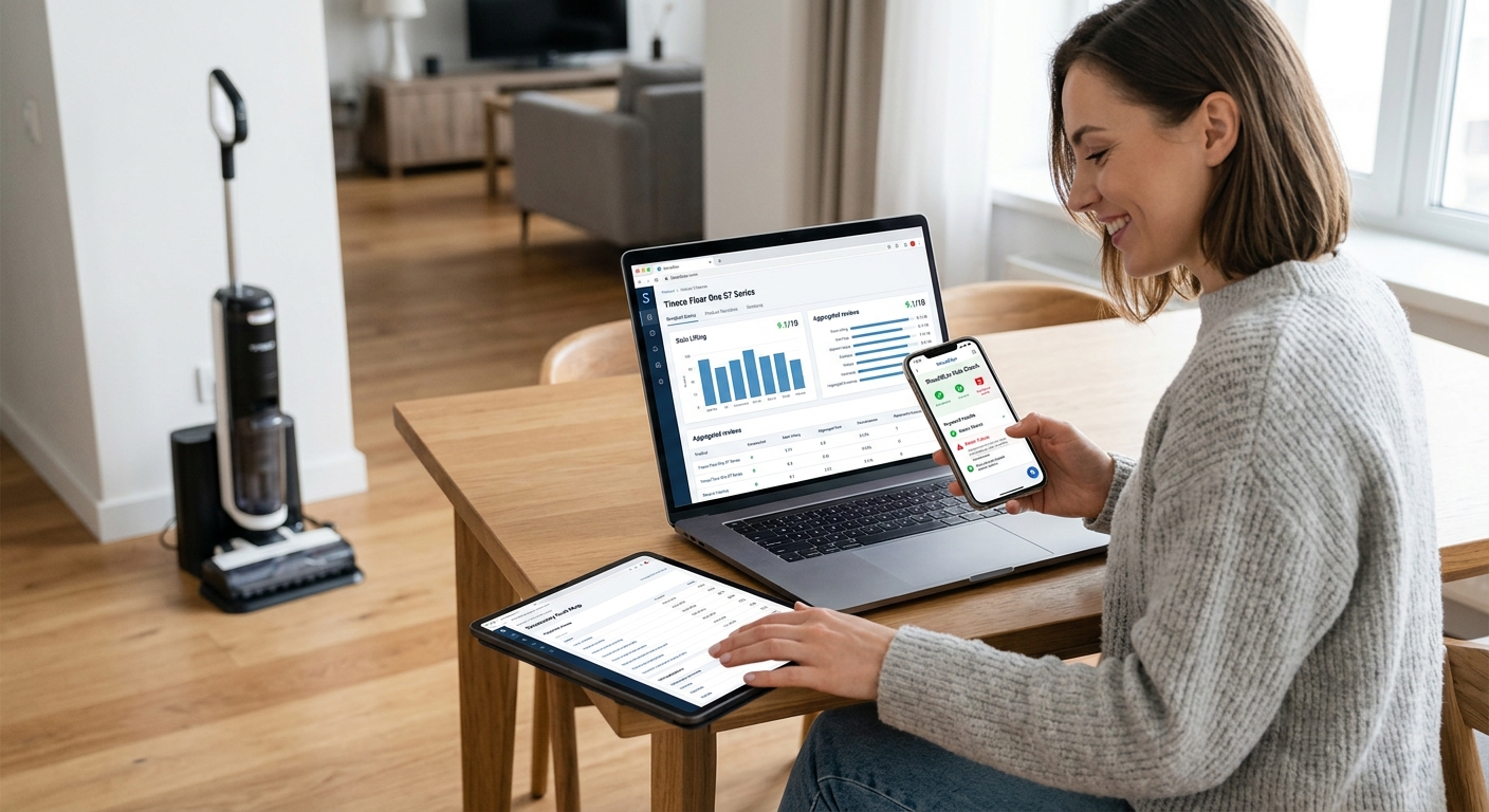 A woman reviews Tineco Floor One S7 data on a laptop, smartphone, and tablet.