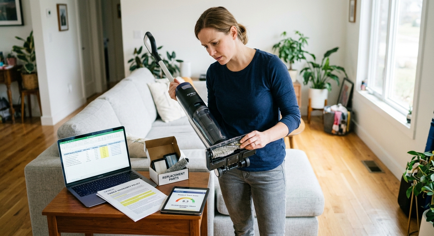A woman examines a Tineco vacuum, with a laptop and papers about warranty and trust scores nearby.