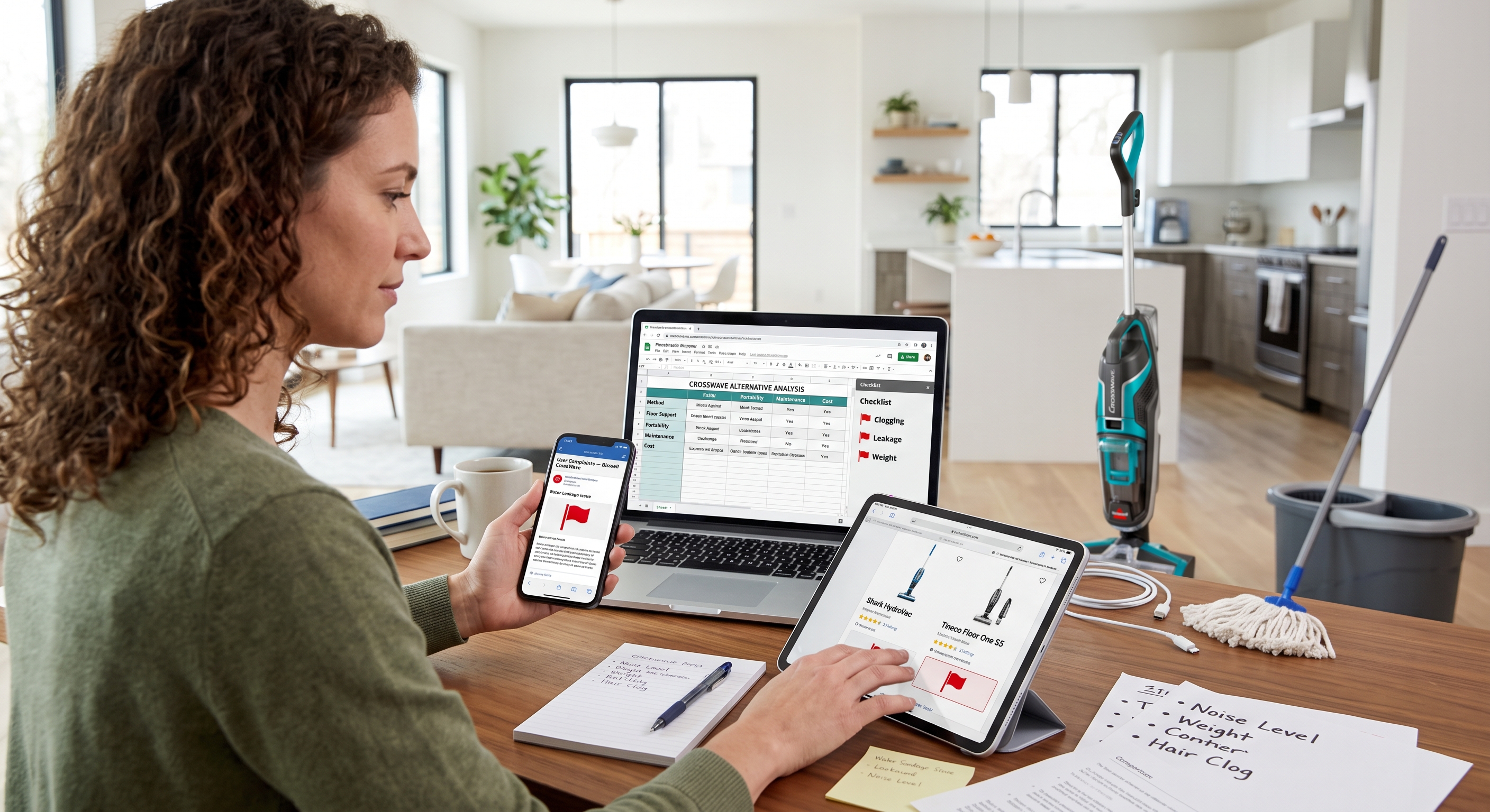 A woman uses a laptop, phone, and tablet to review product complaints and compare vacuum cleaner alternatives.