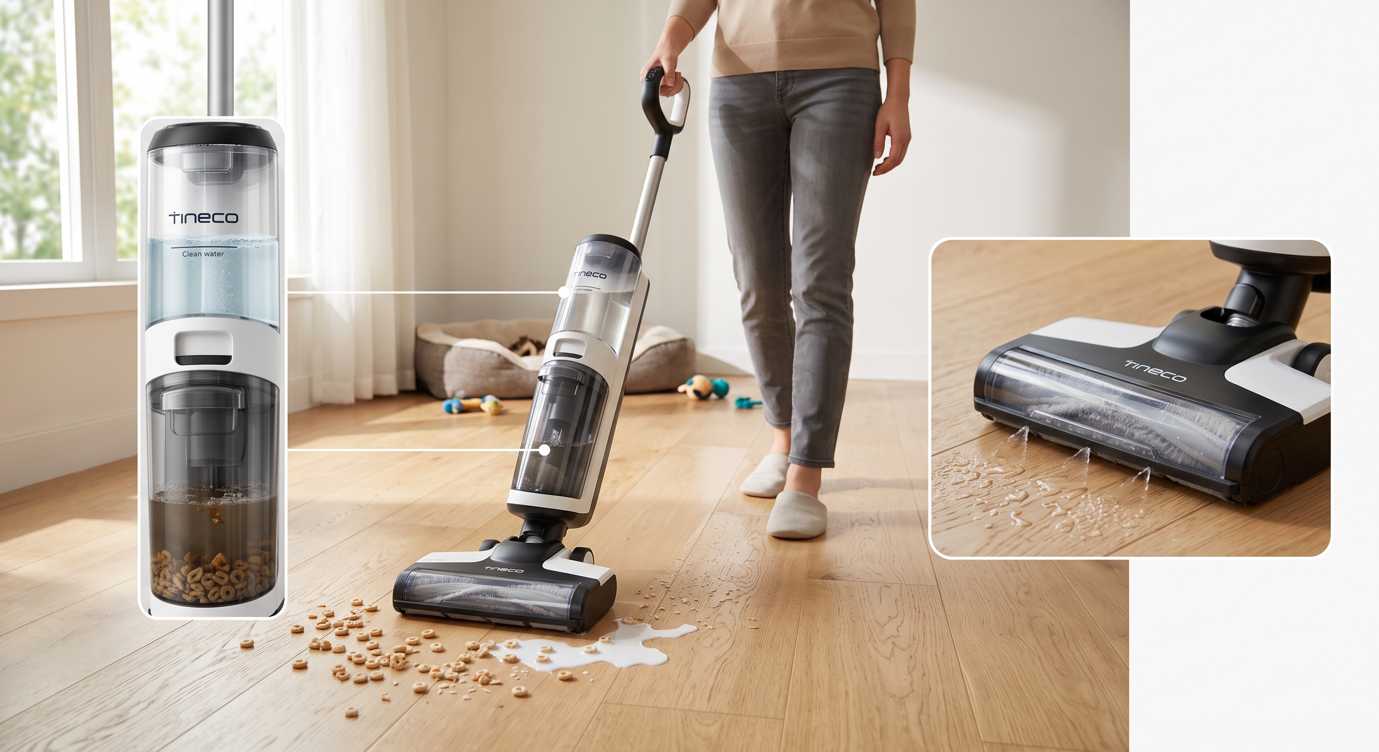 Woman vacuums a spilled cereal and milk mess with a Tineco wet-dry vacuum; with detailed close-ups of the dirty water tank.