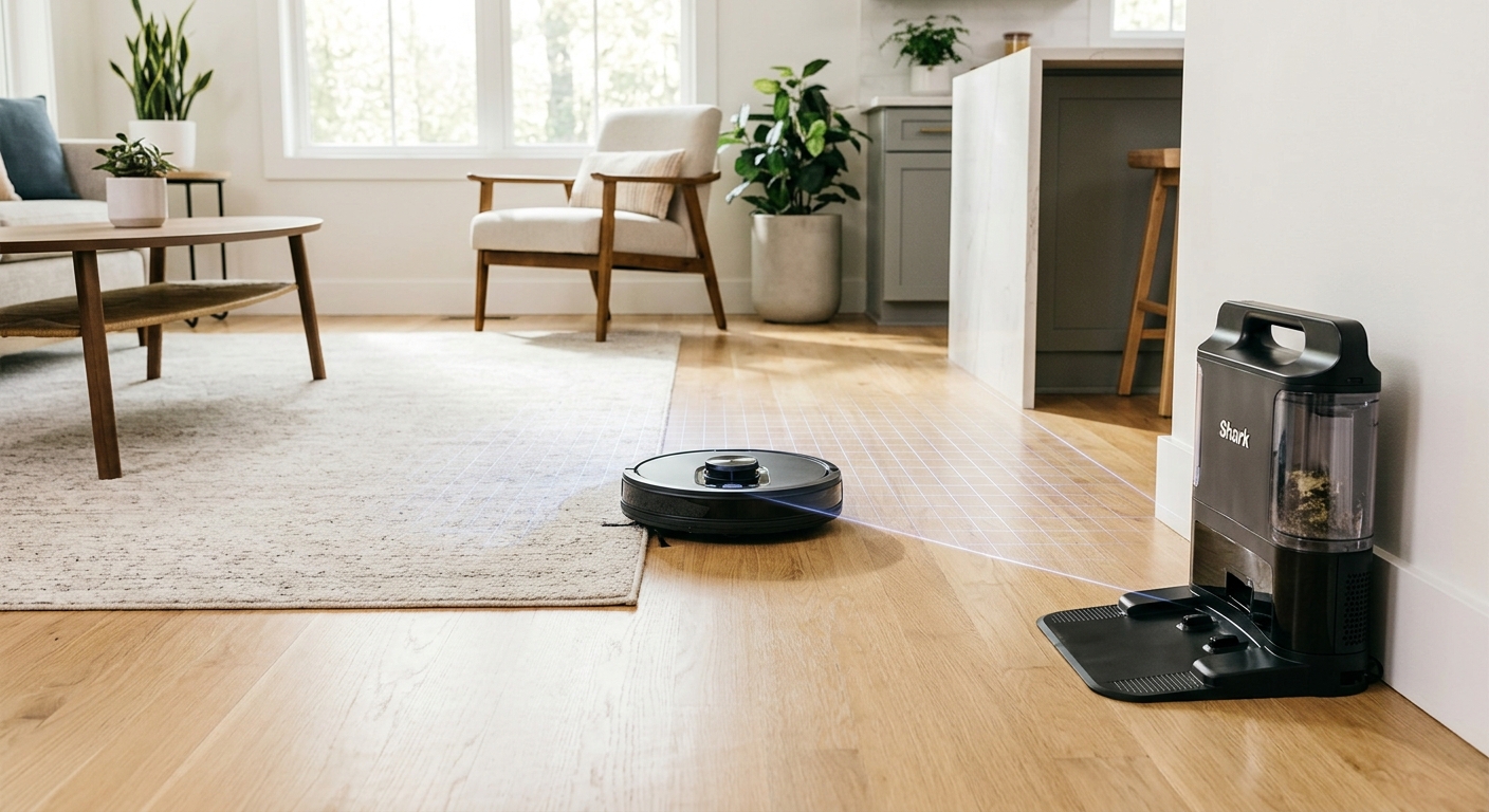 A Shark Matrix robot vacuum uses LiDAR grid mapping on a hardwood floor, returning to its self-empty base dock.