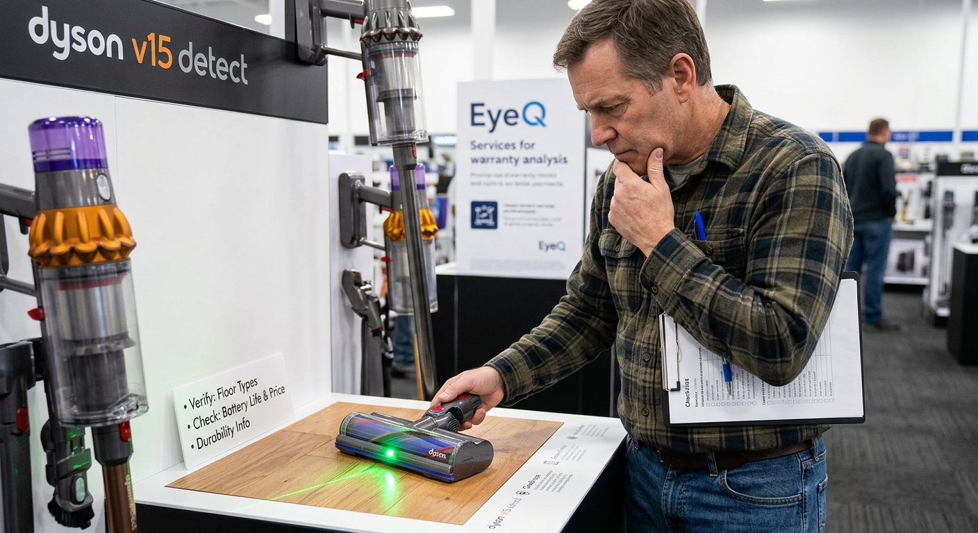 A man checks a Dyson V15 Detect vacuum, examining the laser head on wood floor samples, while reading checklist signage.