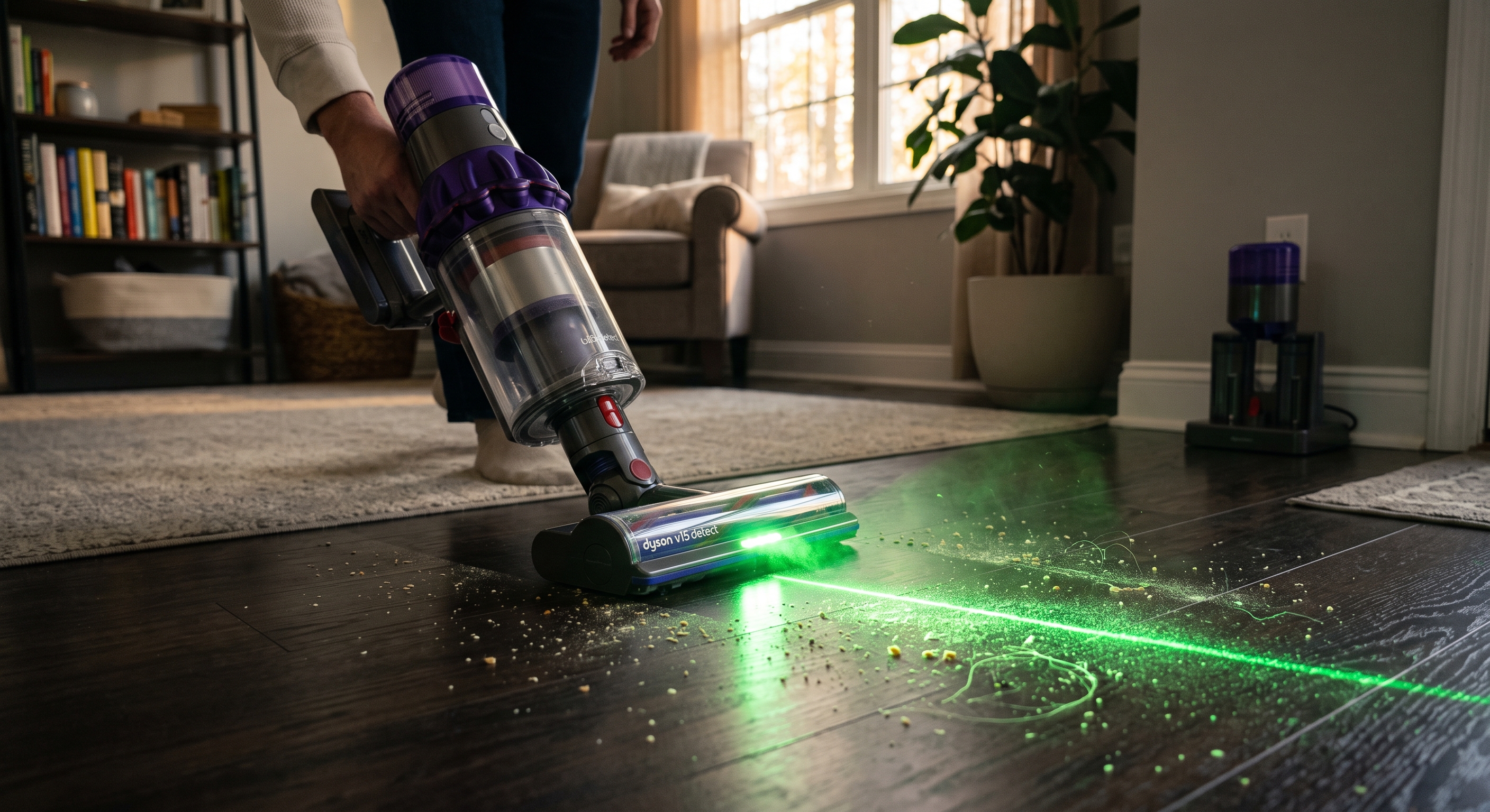 A person vacuums dark hardwood floors with a Dyson V15 Detect using a green laser beam that reveals dust and debris.