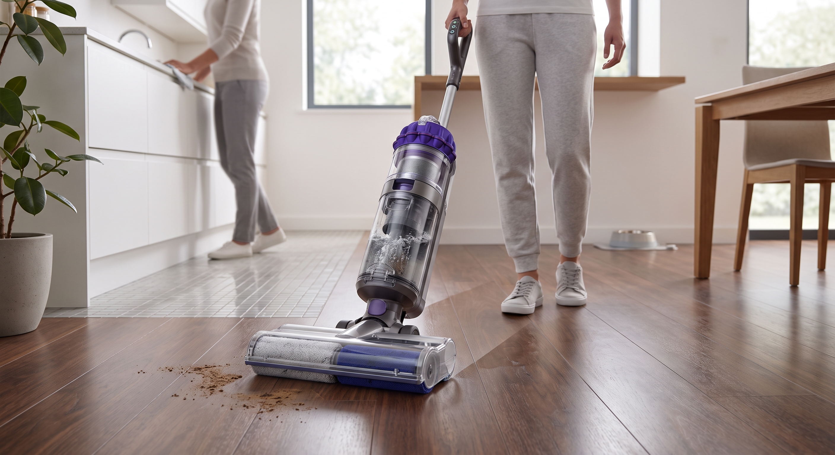 Dyson WashG1 wet floor cleaner removes dry pet food and wet spills from dark wood and tiled kitchen floors.