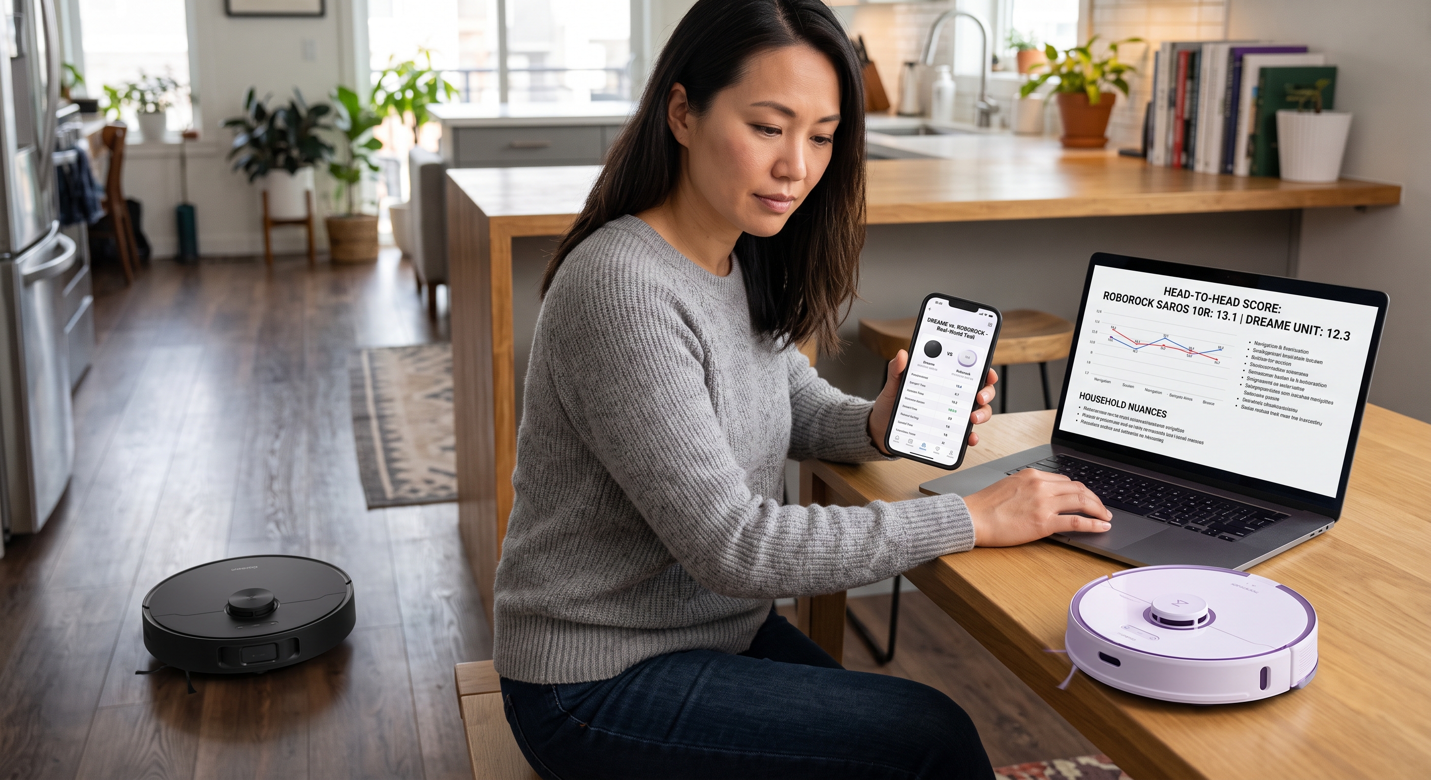 A woman compares Roborock and Dreame robot vacuum test scores on her laptop, smartphone, and kitchen table.