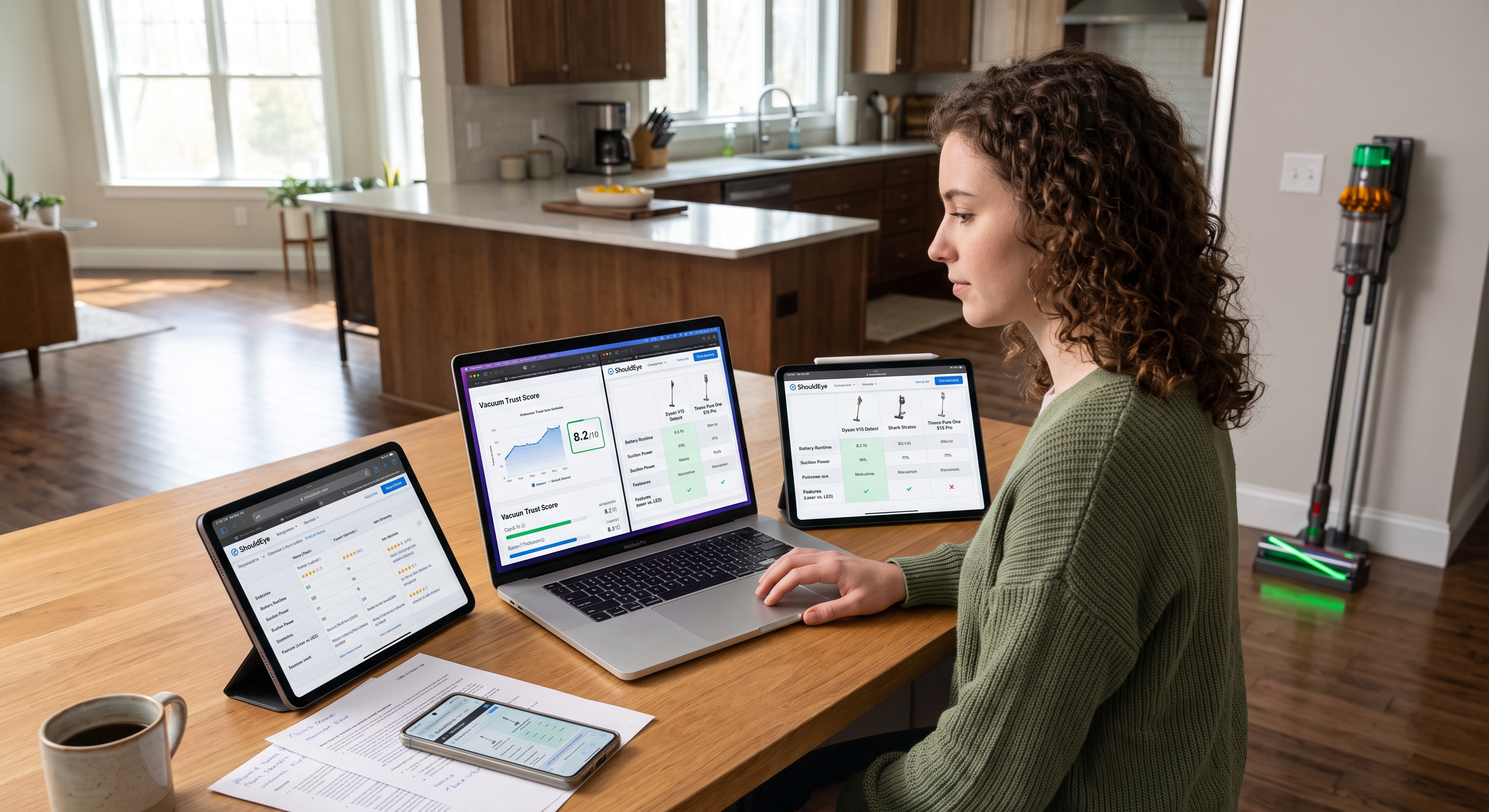 A woman reviews vacuum cleaner trust scores on her laptop and tablets in a modern kitchen setting.