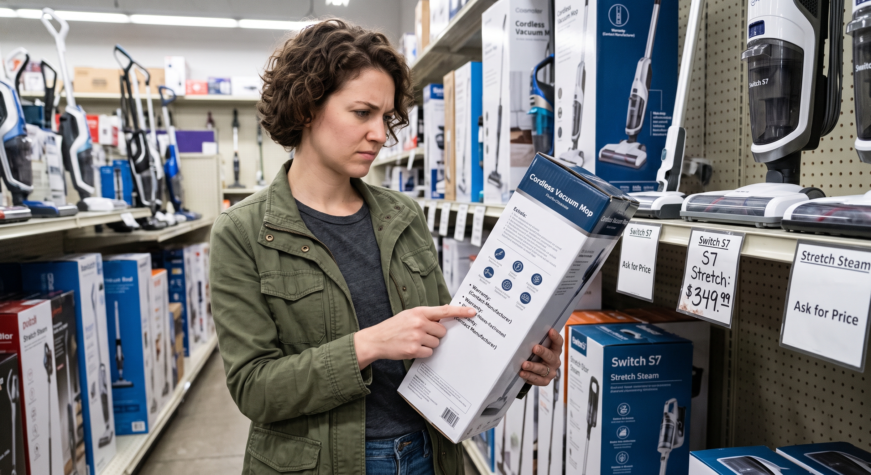 Woman in a store reads a box of a cordless vacuum mop, pointing to the features, with other vacuums on shelves behind.