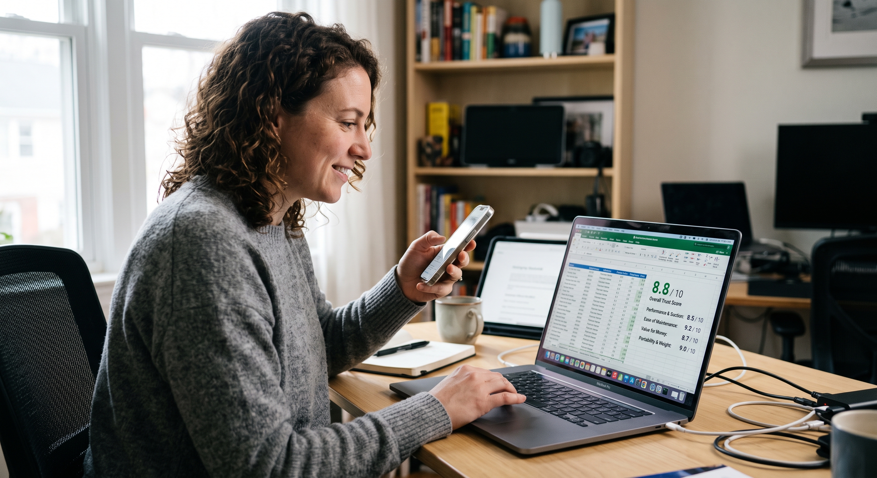A woman smiles while checking her phone and laptop, which displays a product trust score and evaluation metrics.